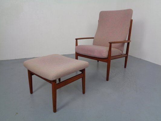 Set Of Set Of Teak High Back Chair And Ottoman By Grete Jalk For France & Son, 1960s photo for sale