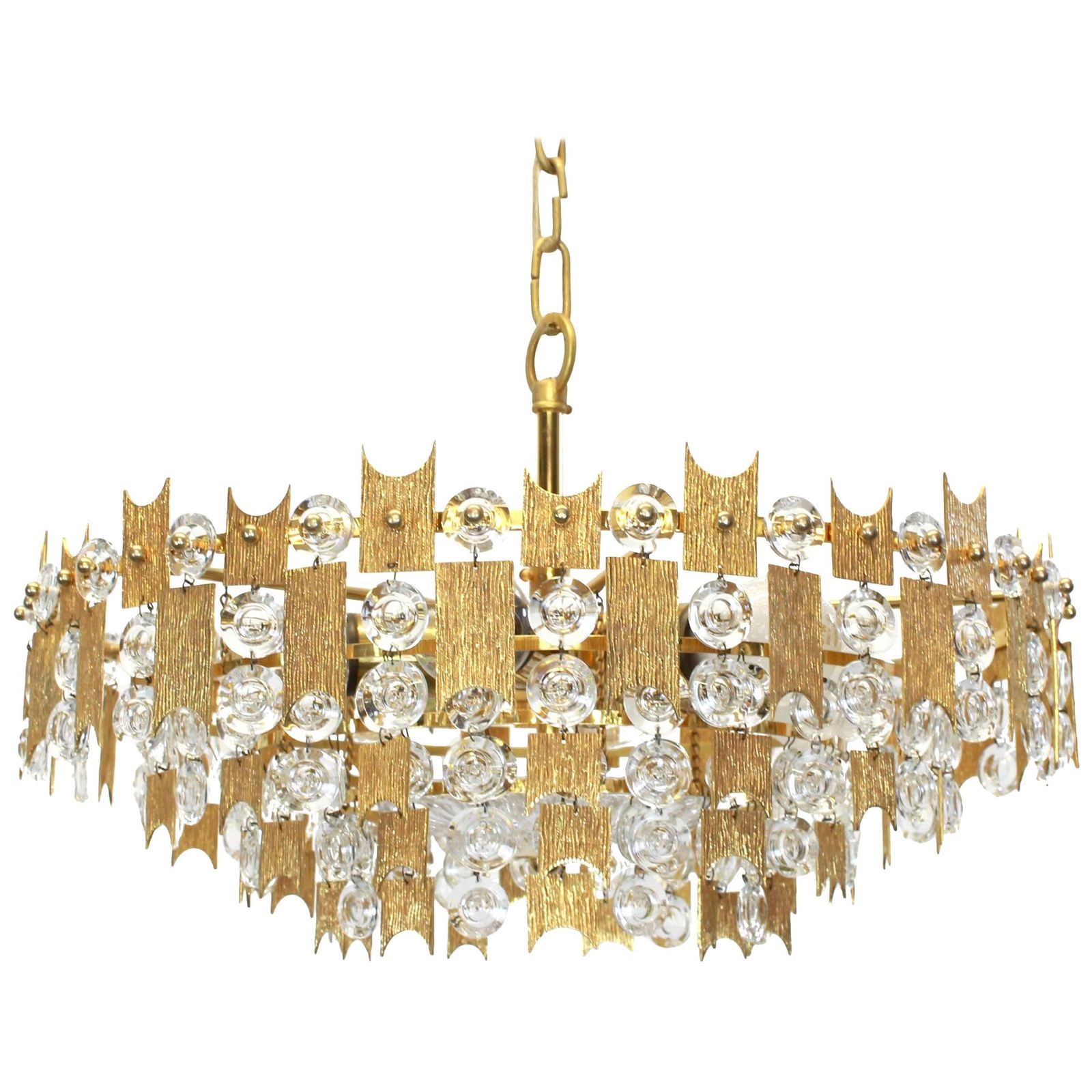 1 Of 2 Impressive Large Gilt Brass And Crystal Chandelier  Palwa  Germany, 1960s