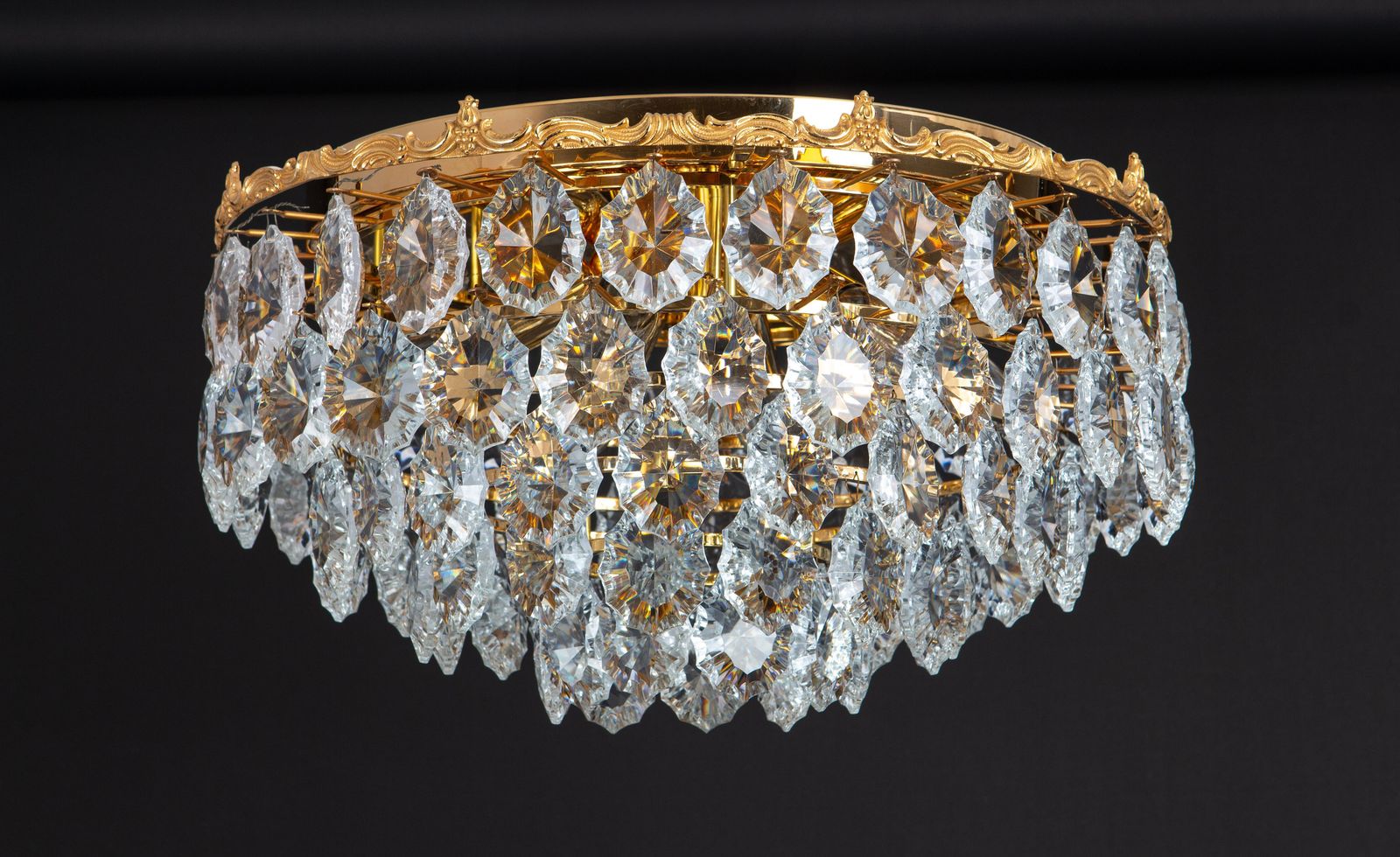 Bakalowits Flush Mount Light, Brass And Crystal Glass, Austria, 1960s photo buy
