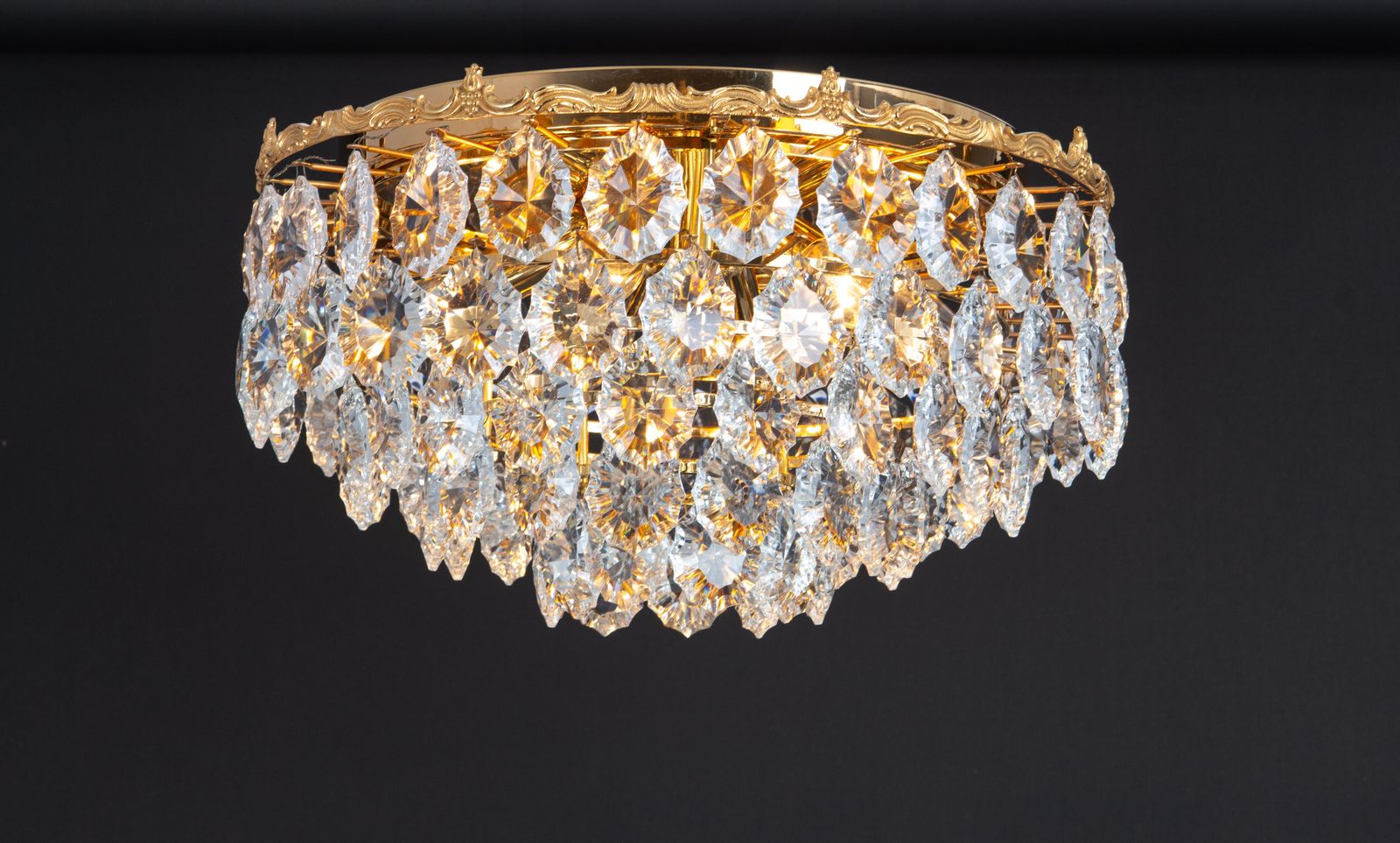 Bakalowits Flush Mount Light, Brass And Crystal Glass, Austria, 1960s photo vintage