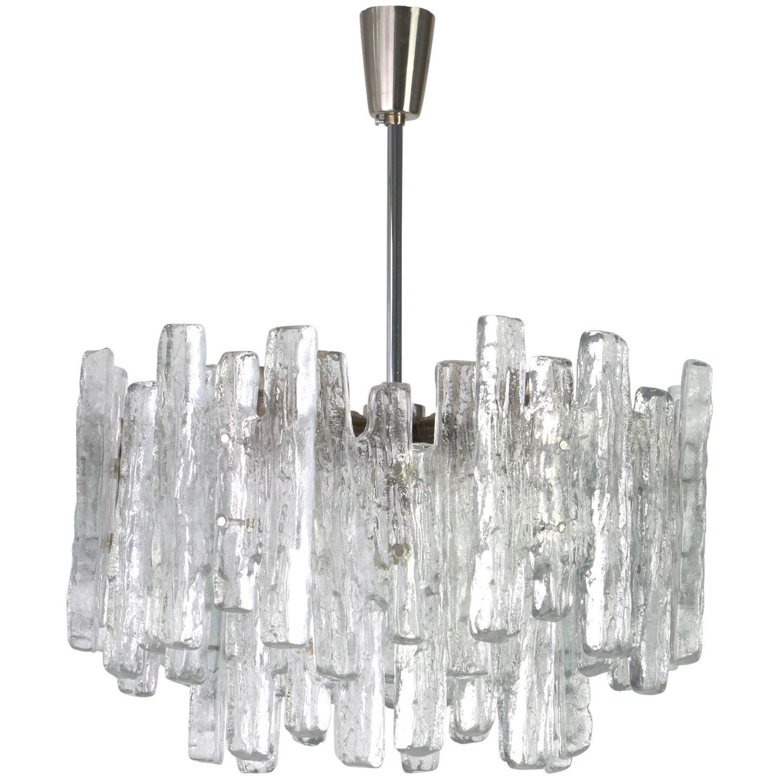 1 Of 2 Large Rare Murano Ice Glass Chandelier By Kalmar, Austria, 1960s