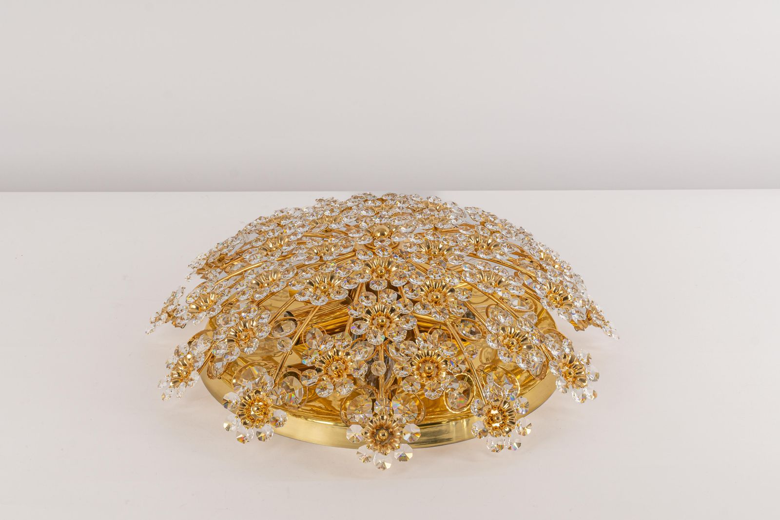 Lighting 1 Of 3 Delicate Gilt Brass Cut Glass Flower Flush Mount By Palwa, Germany, 1970s photo
