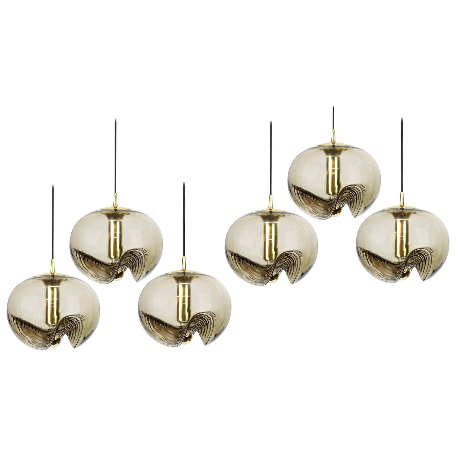 One Of Six Large Smoked Glass Pendant Light By Peill & Putzler, Germany, 1970s