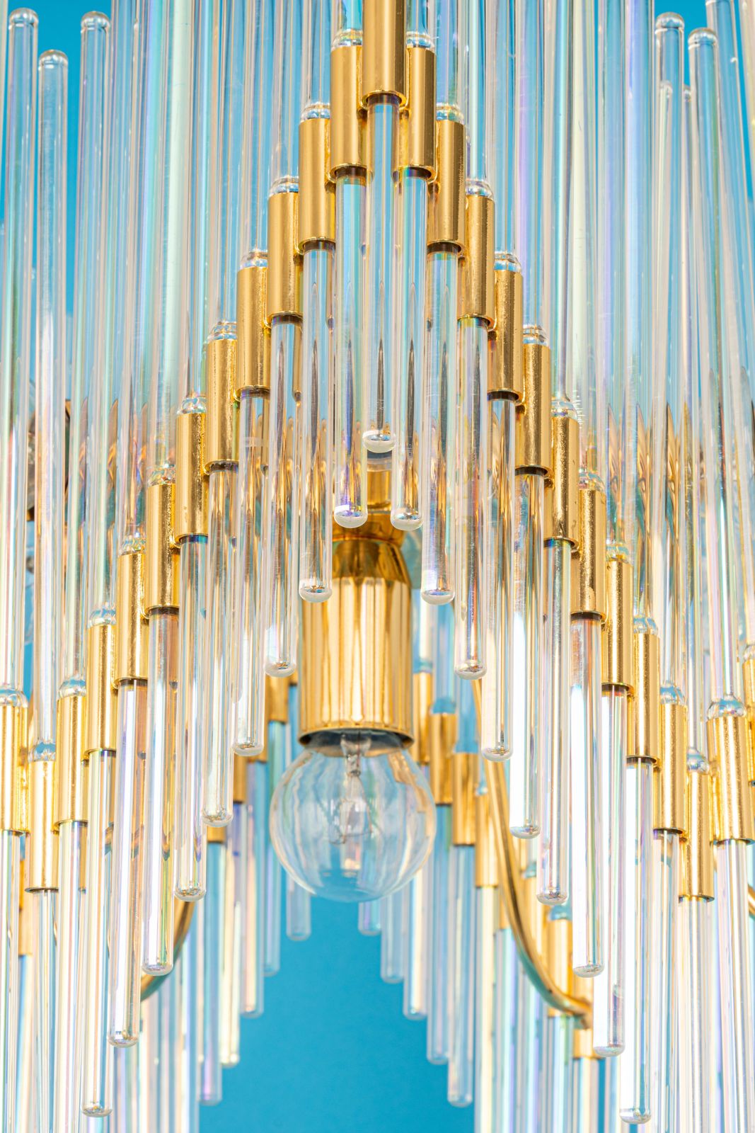 photo for sale Stunning Gilt Brass And Crystal Glass Rods Chandelier By Palwa, Germany, 1970s