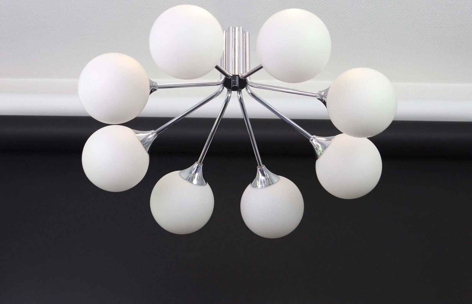 1 Of 2 Large Stunning Kaiser Sputnik Opal Glass Globes Chandelier, Germany 1970s photo vinterior