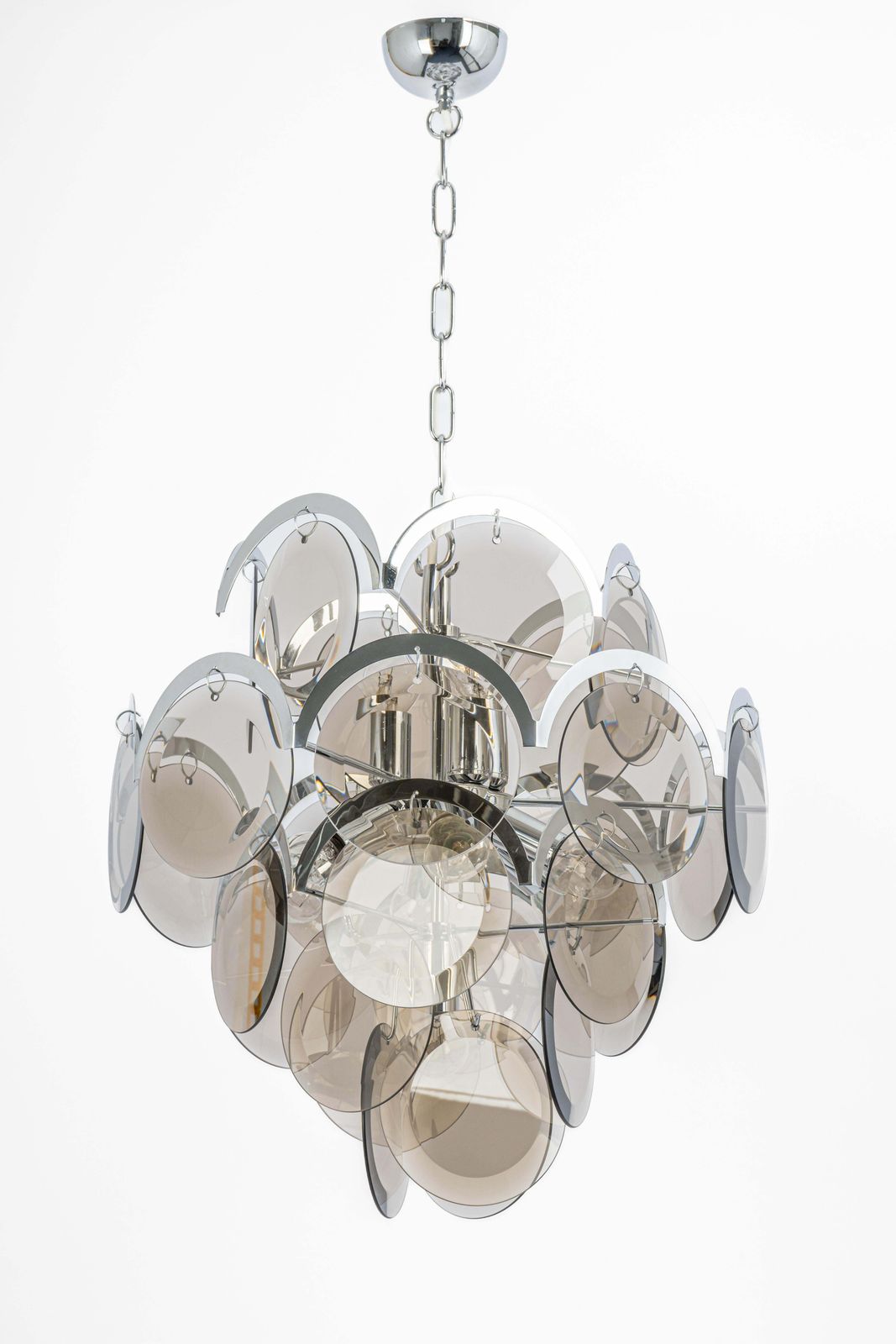 photo furniture Vistosi Smoked Glass Disc Chrome Chandelier, Italy, 1970s