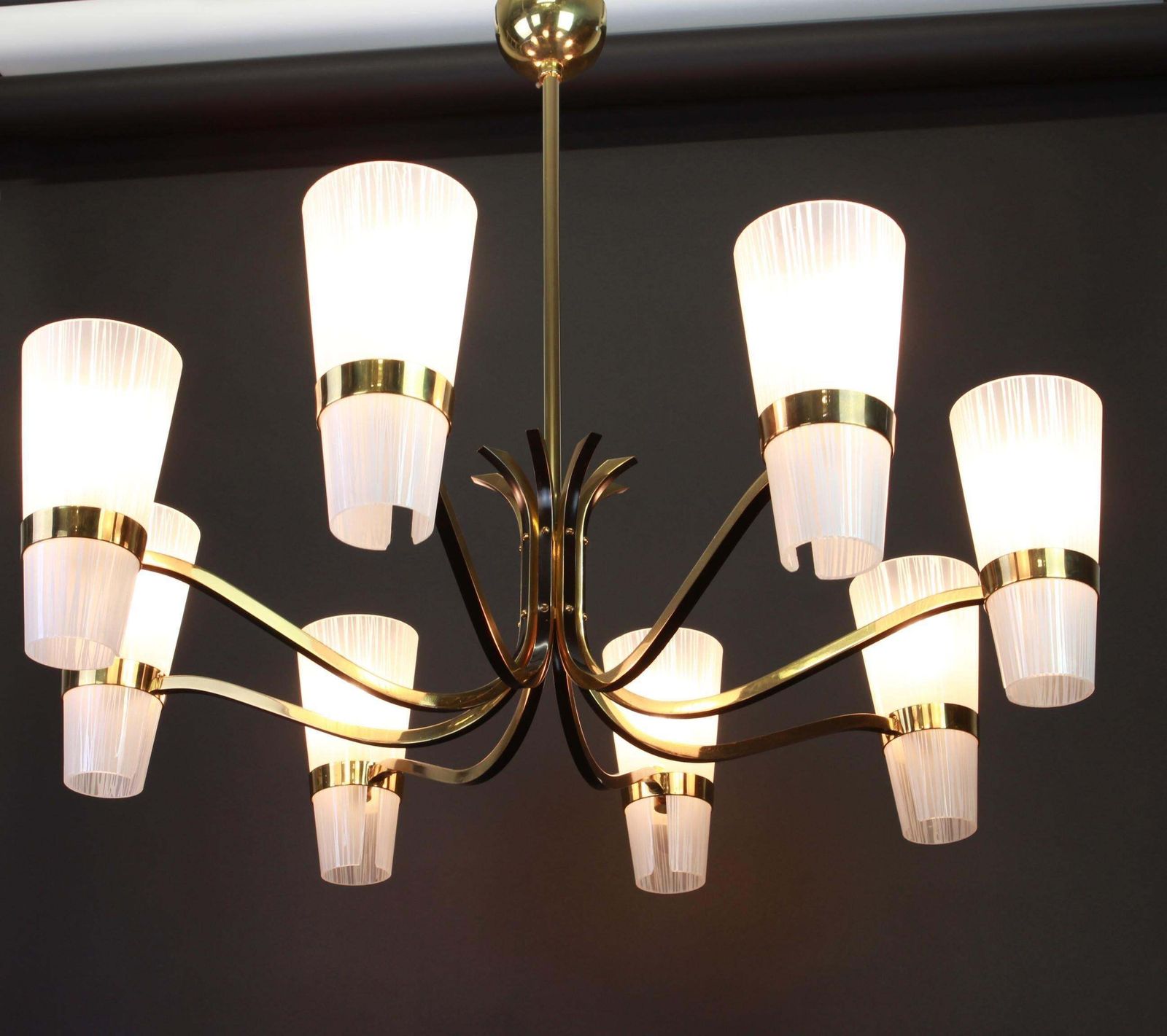 Huge Sunburst Brass And Glass Chandelier, Stilnovo Style, 1950s photo vinterior