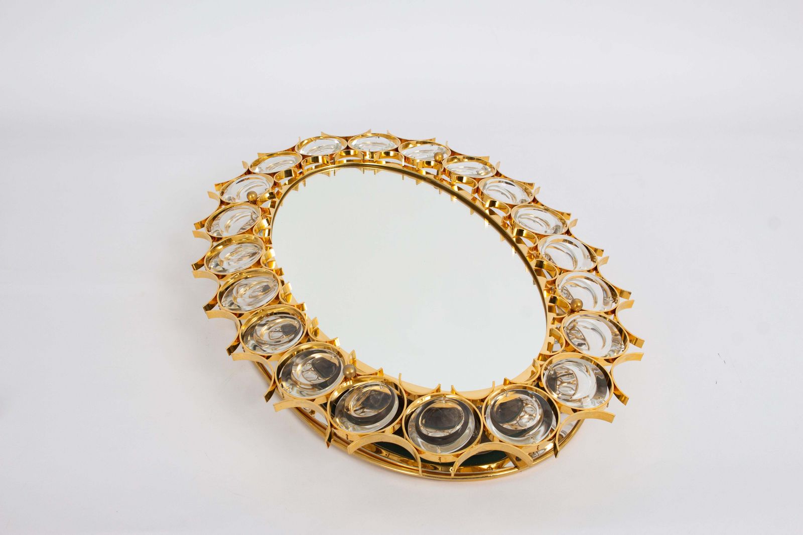 Spectacular Petite Backlit Mirror Gilded Brass, Crystal Glass By Palwa, Germany photo vinterior