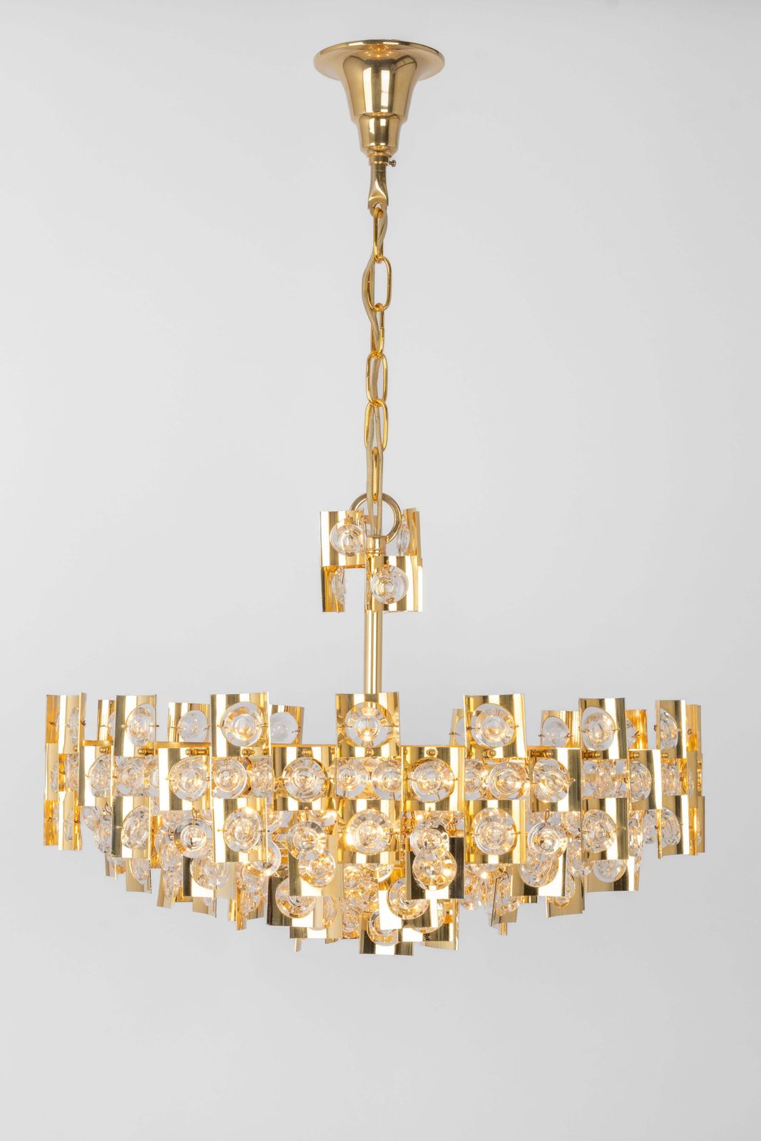 Impressive Large Gilt Brass And Crystal Glass Chandelier By Palwa Germany, 1960s photo buy