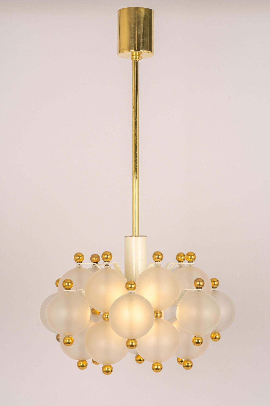 photo for sale Large Frosted Glass And Brass Chandelier By Kinkeldey, Germany, 1970s