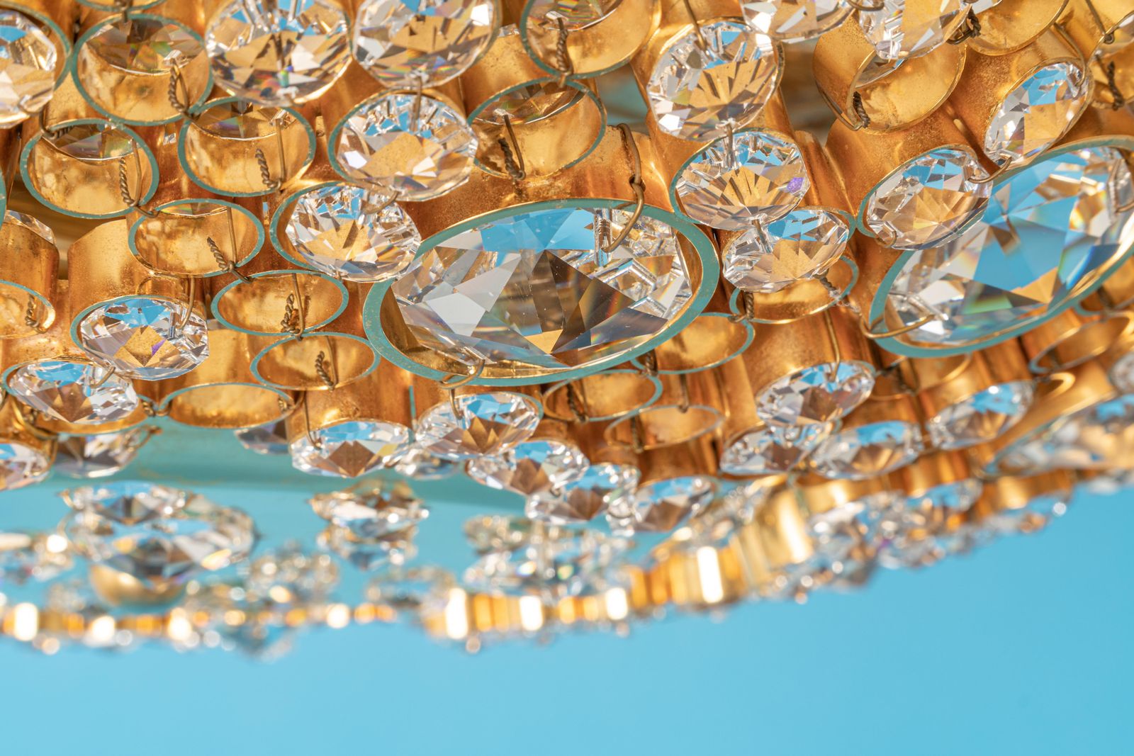 Petite Delicate Gilt Brass Cut Glass Flower Flush Mount By Palwa, Germany, 1970s photo for sale