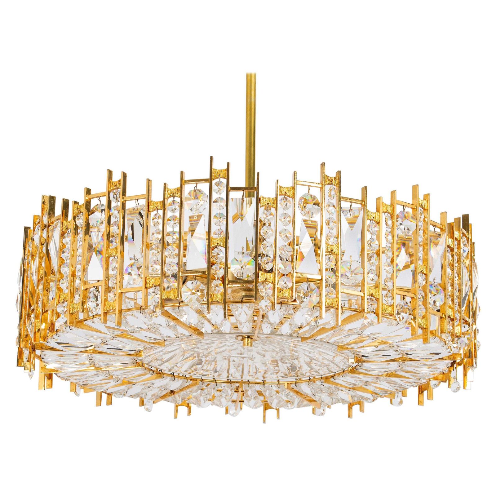 Large Gilt Brass And Crystal Chandelier, By Palwa, Germany, 1970s