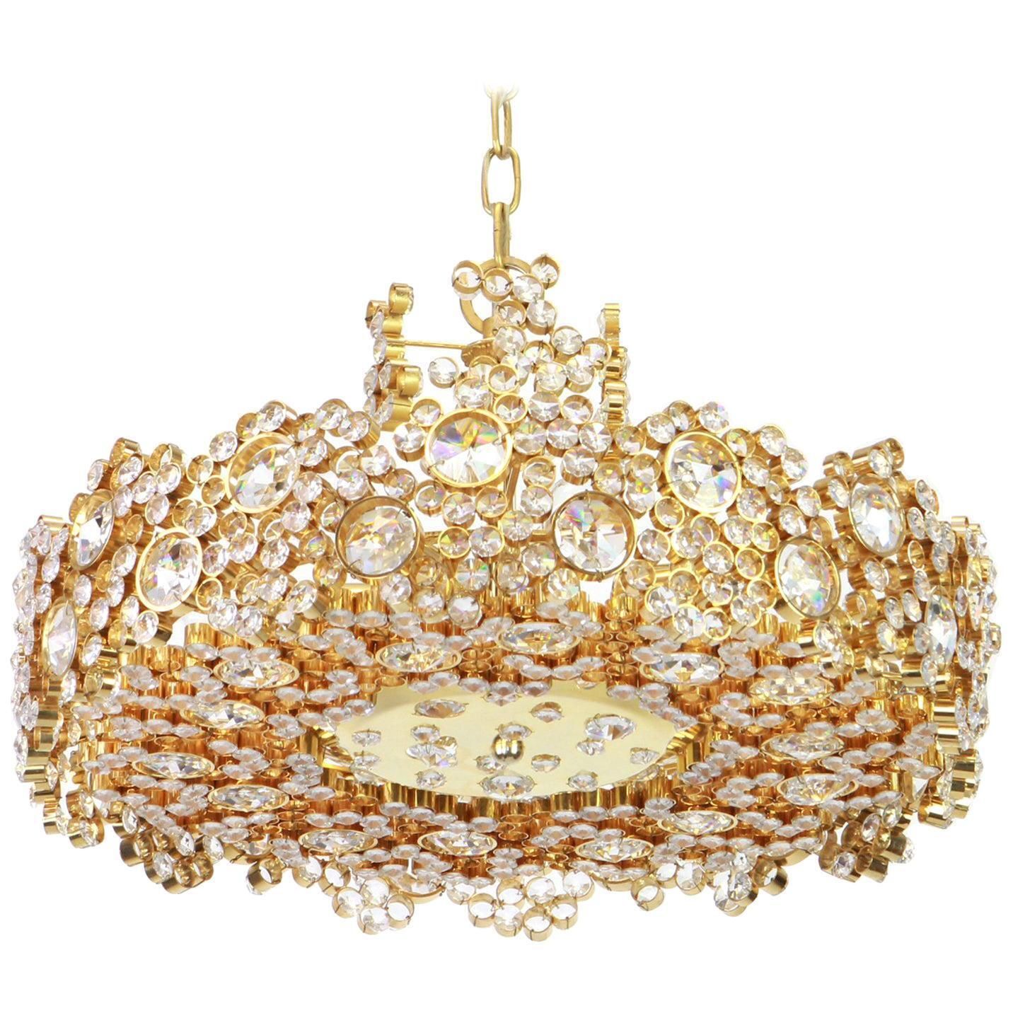 Gilt Brass And Crystal Glass Encrusted Chandeliers By Palwa, Germany, 1970s