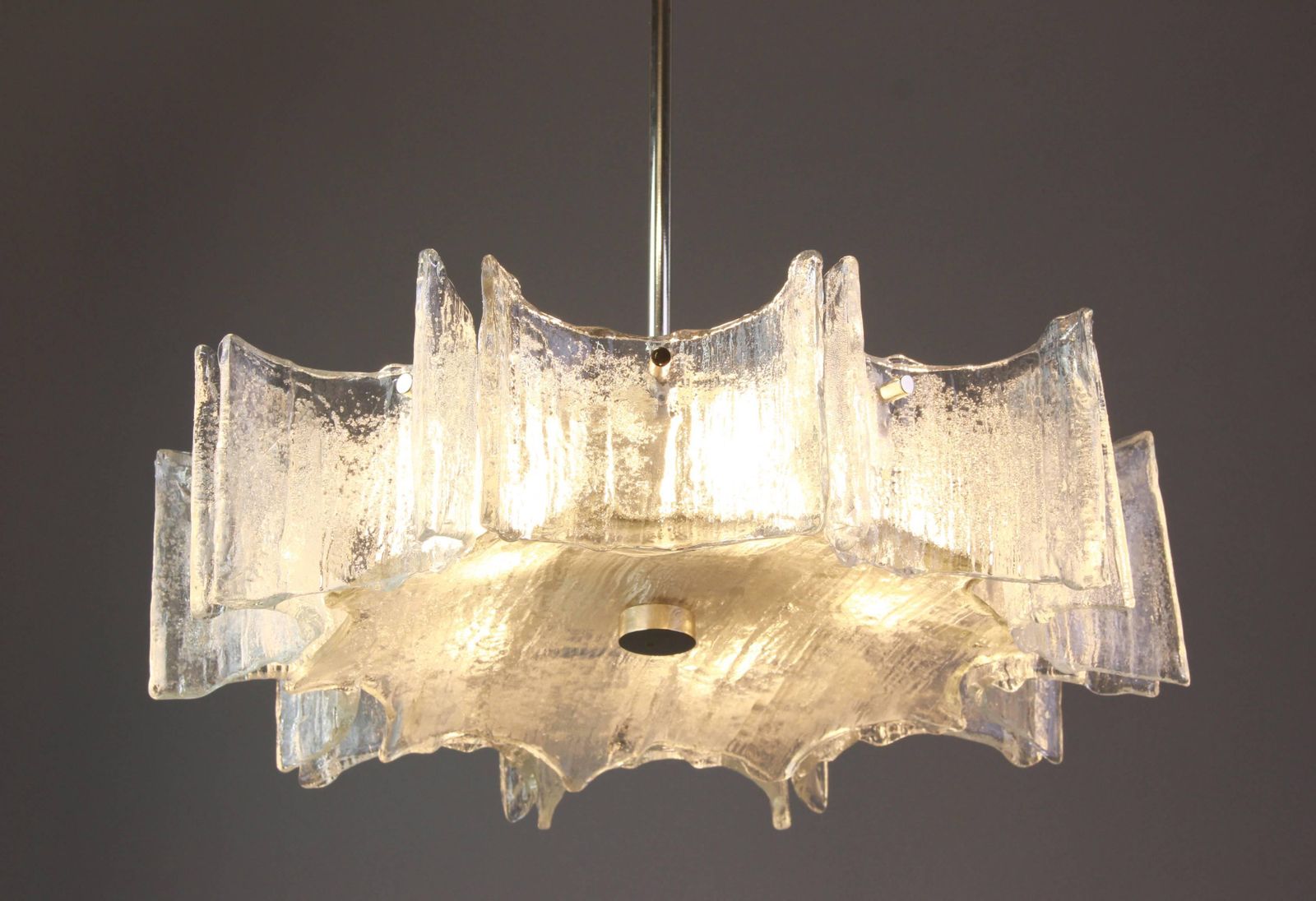 1 Of 2 Large Ice Glass Chrome Chandelier By Kaiser, Germany, 1960s photo furniture