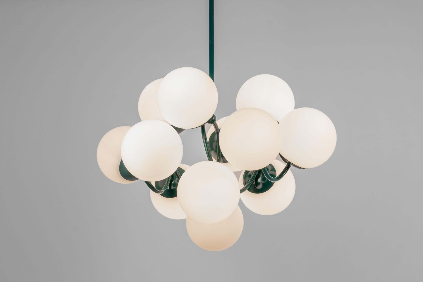 Kaiser Green Sputnik Molecular Shape Chandelier, 12 Opal Glass, Germany, 1970s photo vinterior