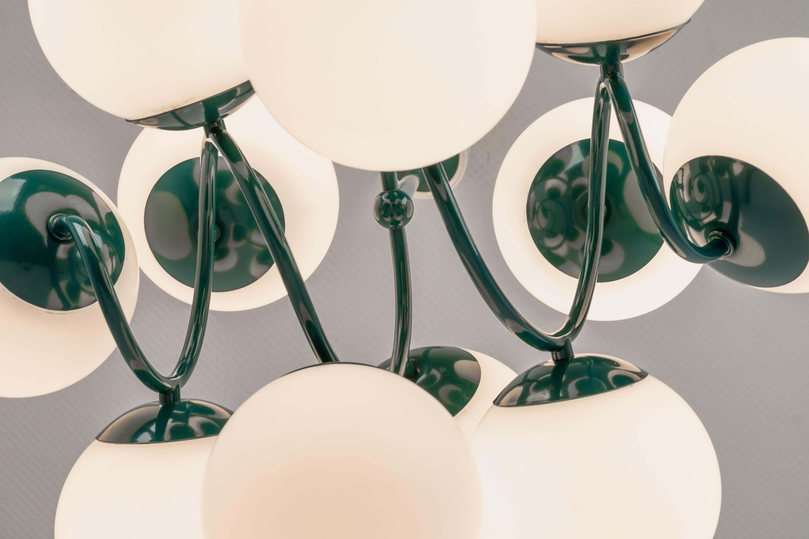 Kaiser Green Sputnik Molecular Shape Chandelier, 12 Opal Glass, Germany, 1970s photo buy