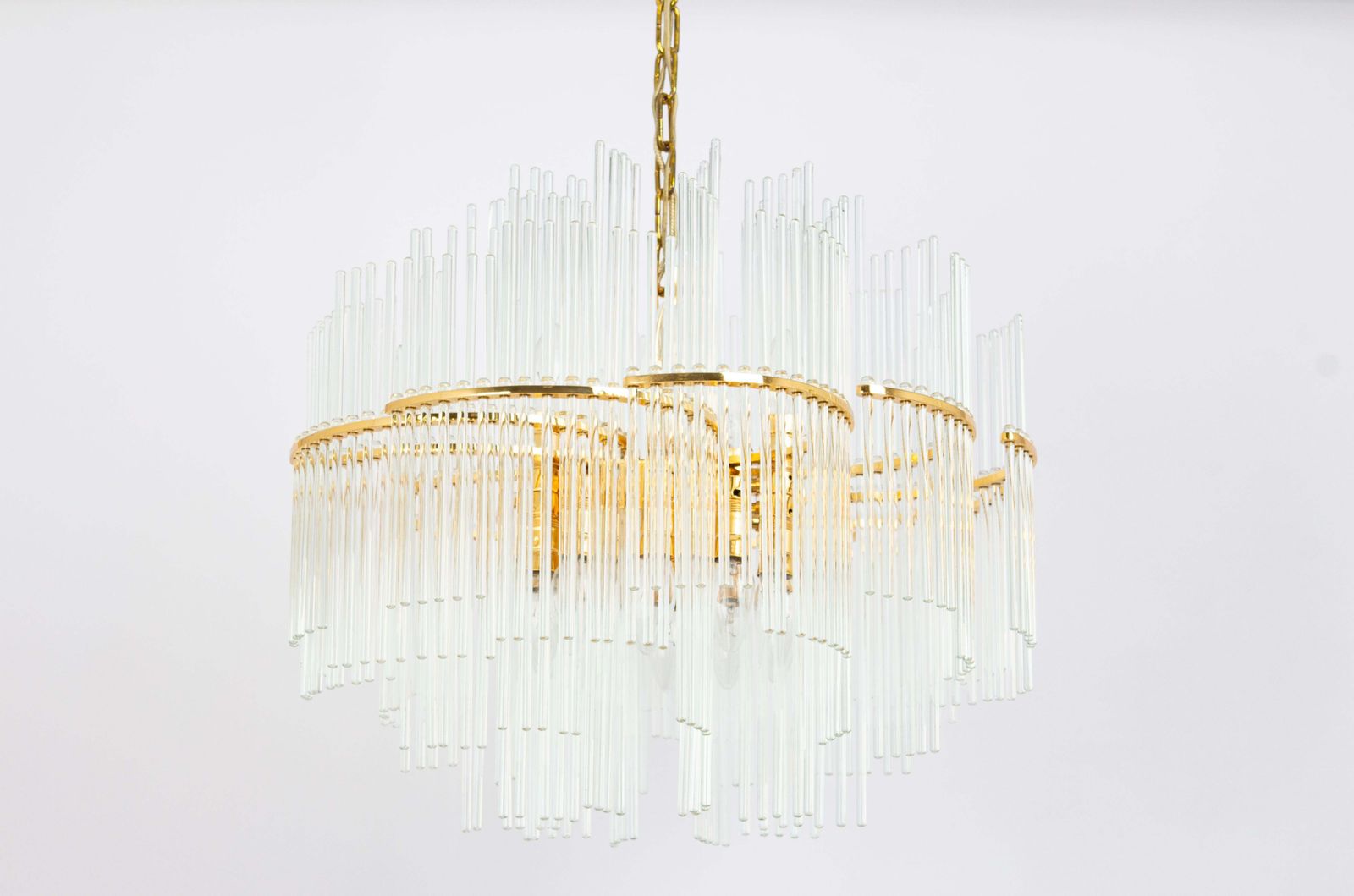1 Of 2 Stunning Gilt Brass And Crystal Glass Rods Chandelier By Palwa, 1970s photo furniture