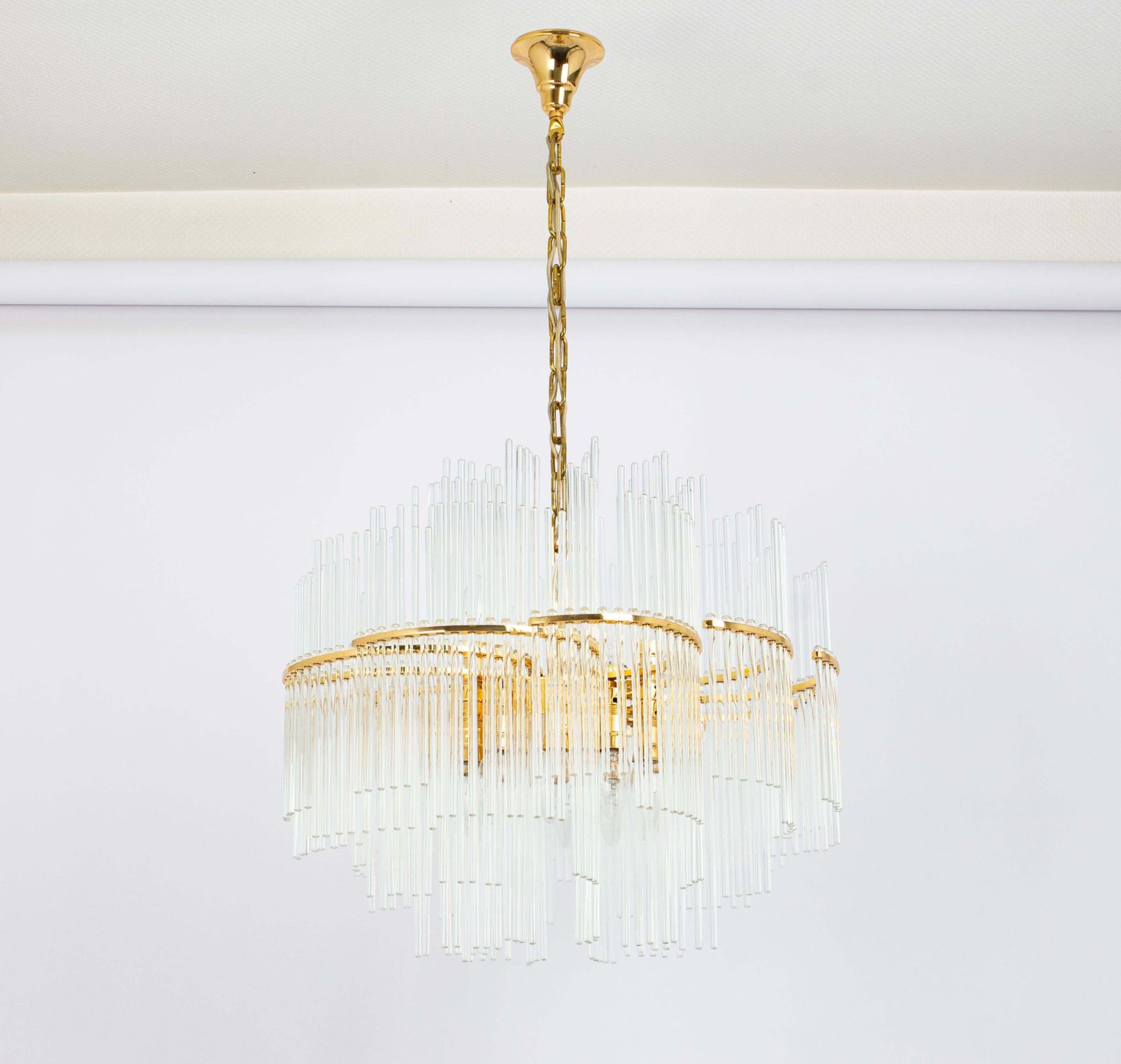 1 Of 2 Stunning Gilt Brass And Crystal Glass Rods Chandelier By Palwa, 1970s photo for sale