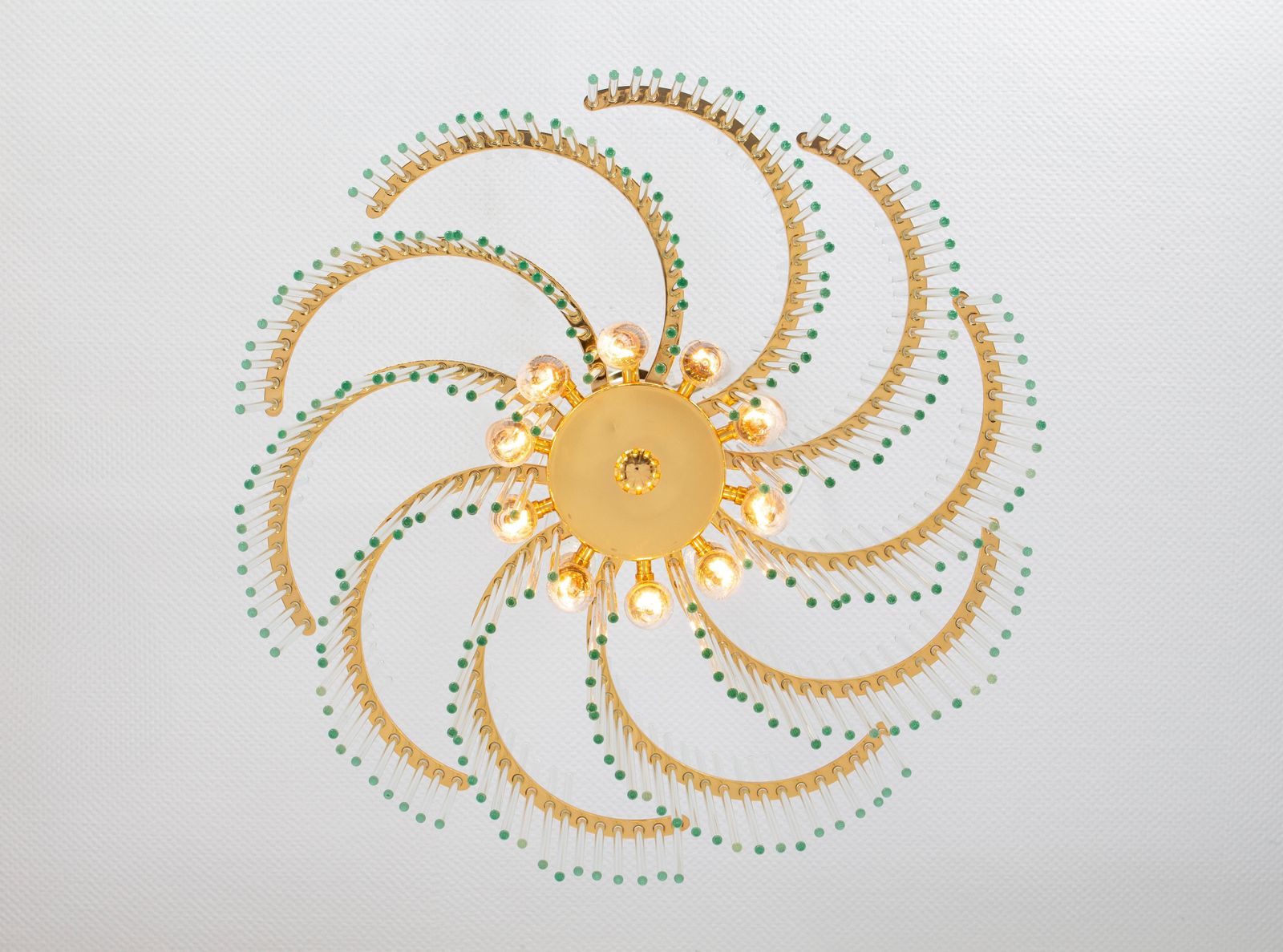 1 Of 2 Stunning Gilt Brass And Crystal Glass Rods Chandelier By Palwa, 1970s photo vintage