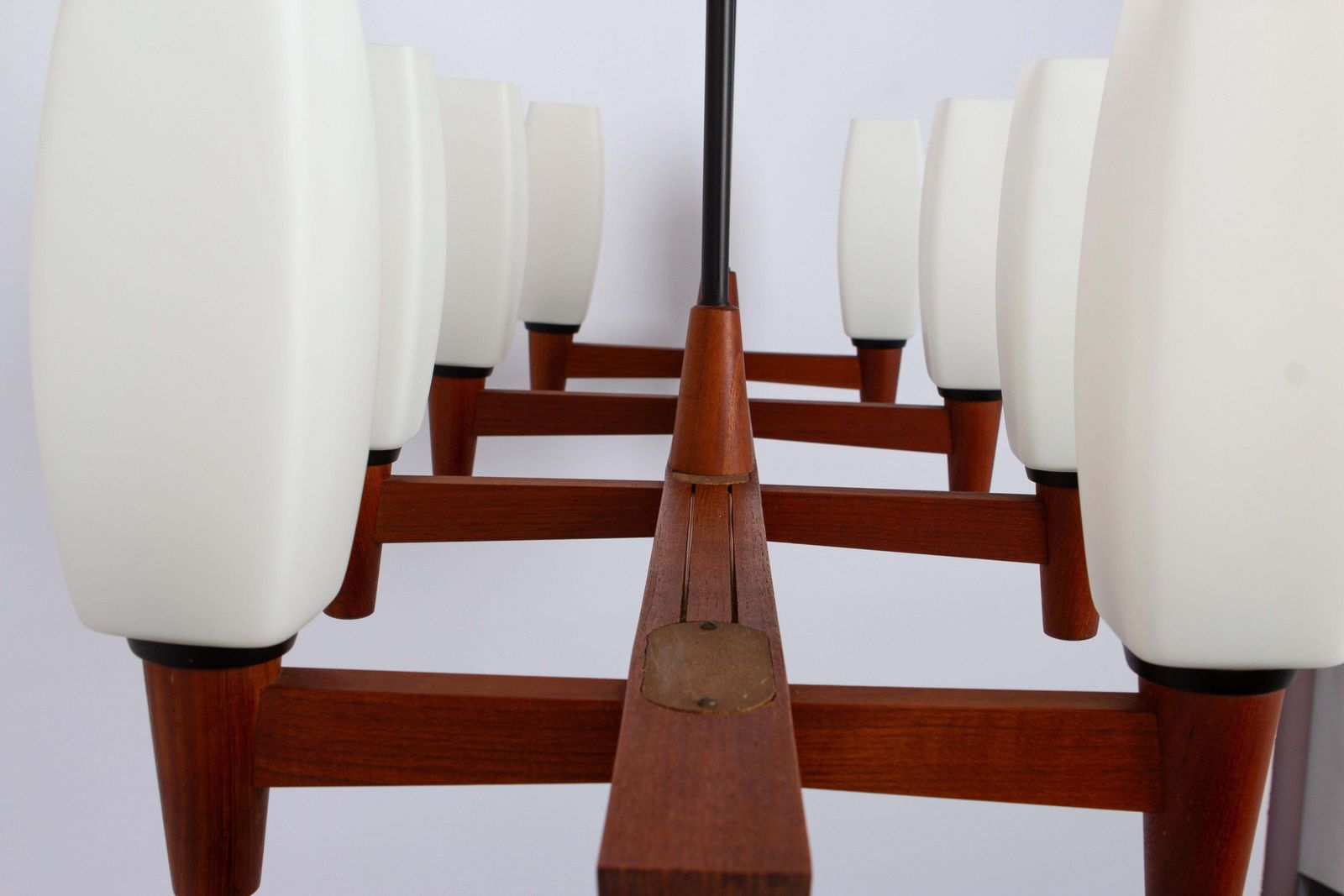 Wonderful Minimalistic Teak And Opal Glass Chandelier By Kaiser, Germany 1960s photo for sale