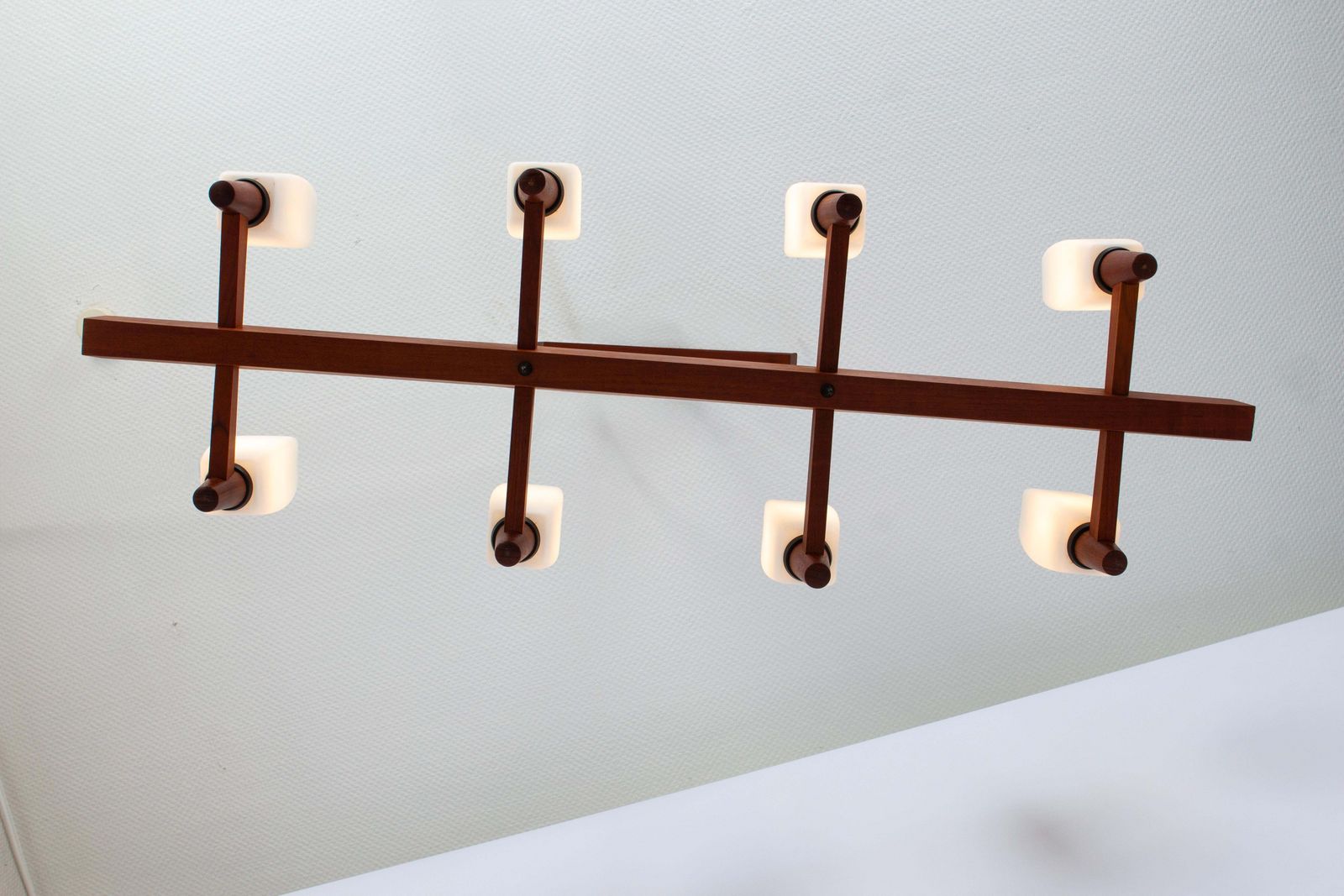 Wonderful Minimalistic Teak And Opal Glass Chandelier By Kaiser, Germany 1960s photo vinterior