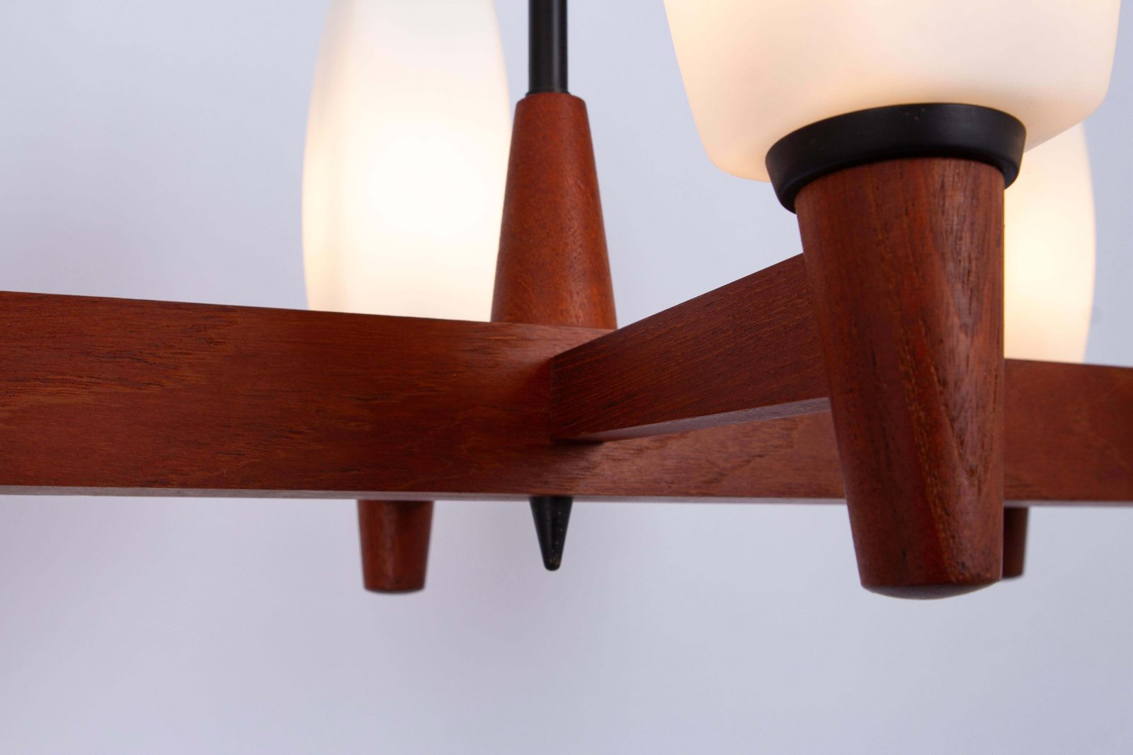 Wonderful Minimalistic Teak And Opal Glass Chandelier By Kaiser, Germany 1960s photo vintage
