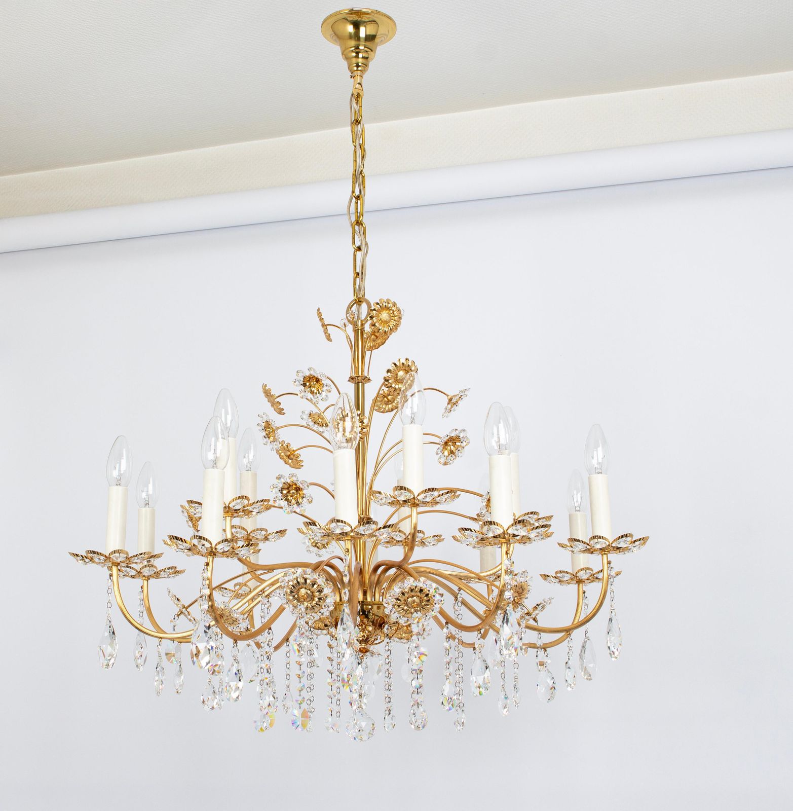 Large Gilt Brass Flower Shape Chandelier By Palwa, Germany, 1970s photo furniture