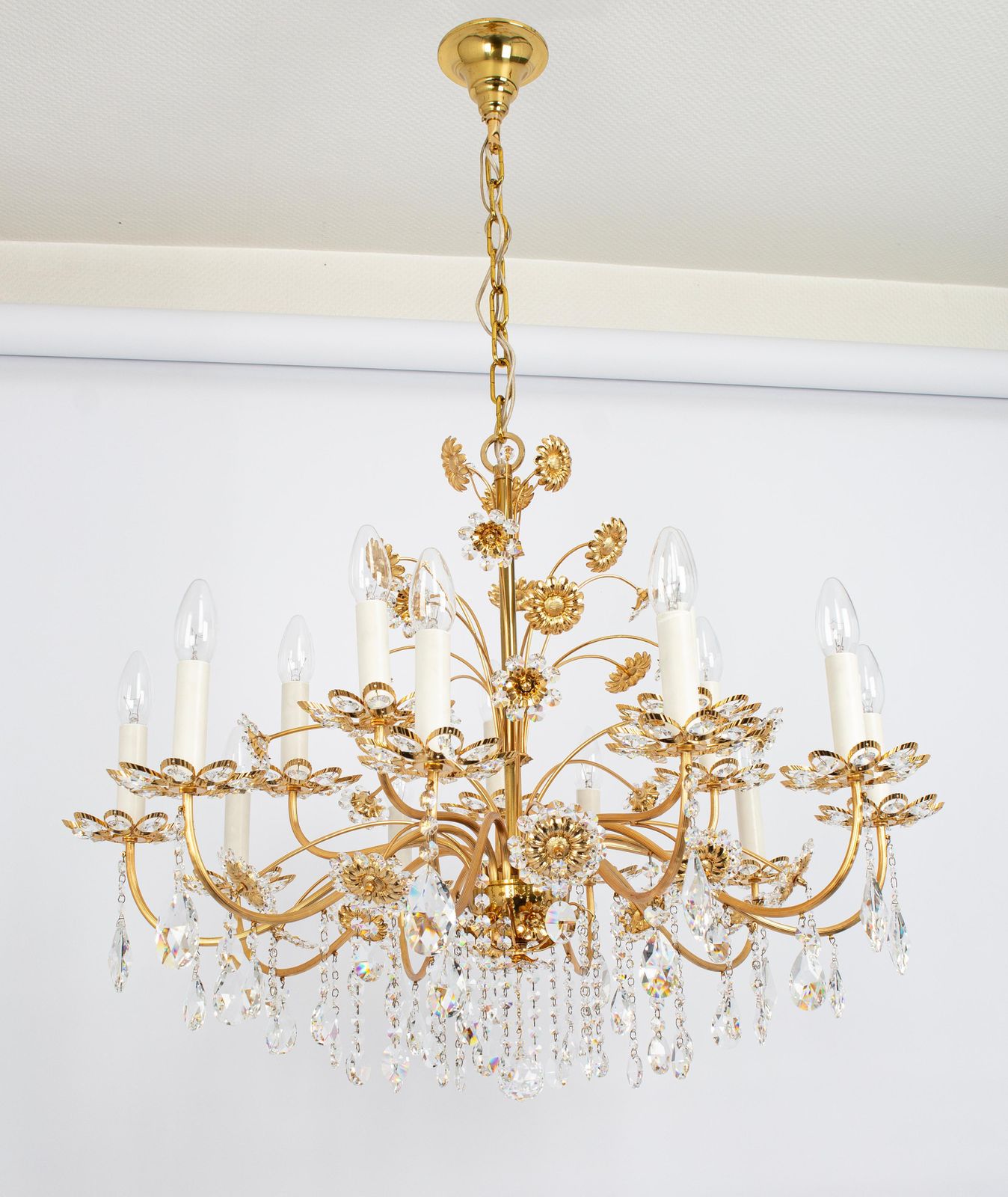 Large Gilt Brass Flower Shape Chandelier By Palwa, Germany, 1970s photo 4255.0