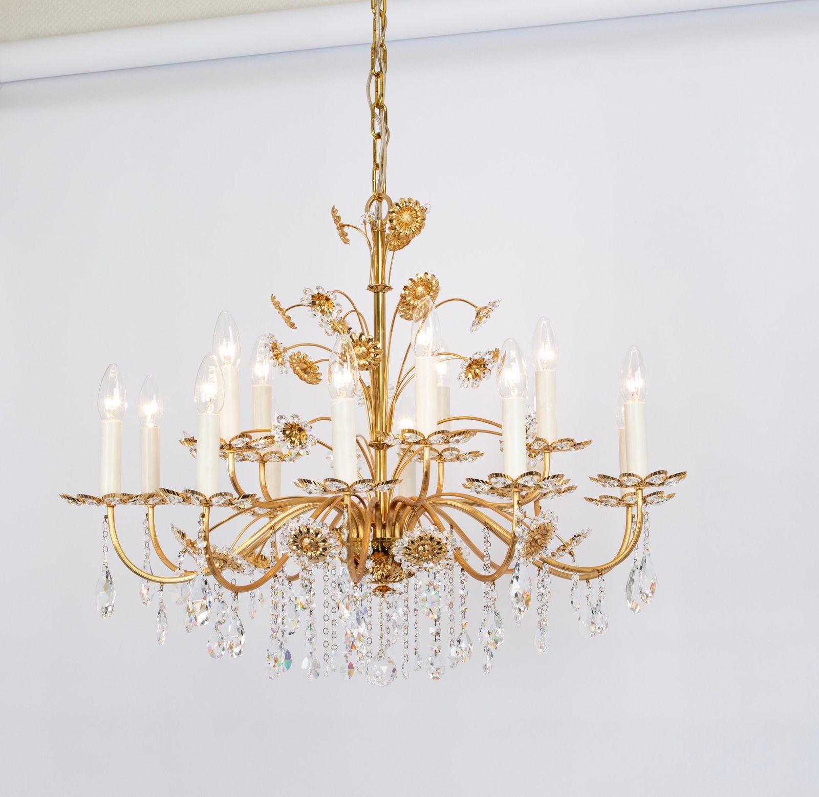 Large Gilt Brass Flower Shape Chandelier By Palwa, Germany, 1970s photo vintage