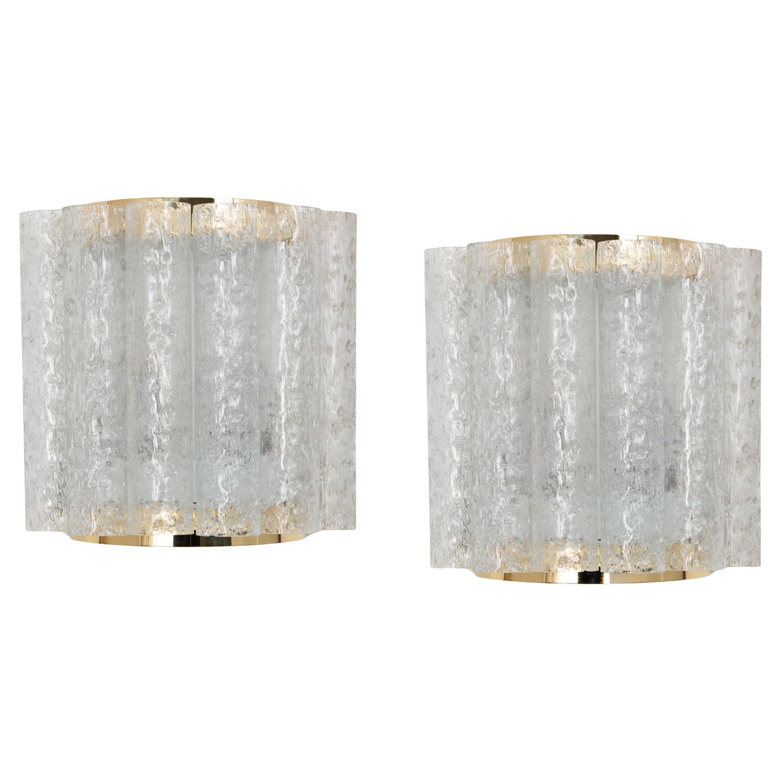 Pair Of Brass Ice Glass Wall Sconces By Doria, Germany, 1960s