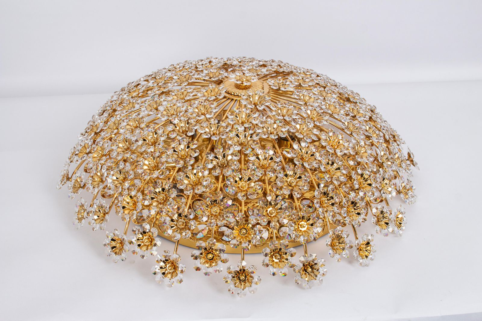 Huge Delicate Gilt Brass Cut Glass Flower Flush Mount By Palwa, Germany, 1970s photo furniture