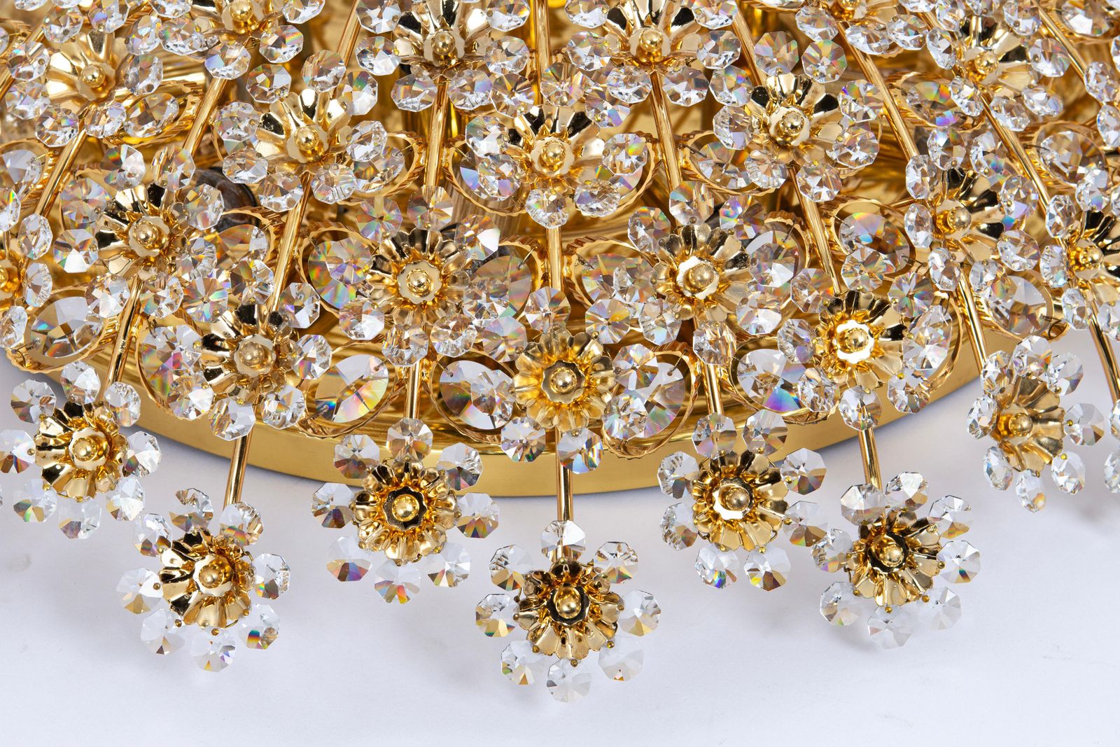 Huge Delicate Gilt Brass Cut Glass Flower Flush Mount By Palwa, Germany, 1970s photo for sale