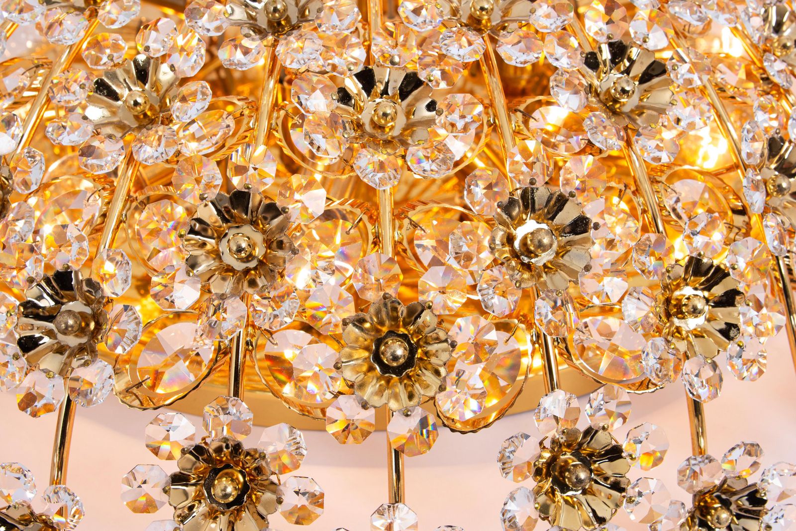 Huge Delicate Gilt Brass Cut Glass Flower Flush Mount By Palwa, Germany, 1970s photo vintage