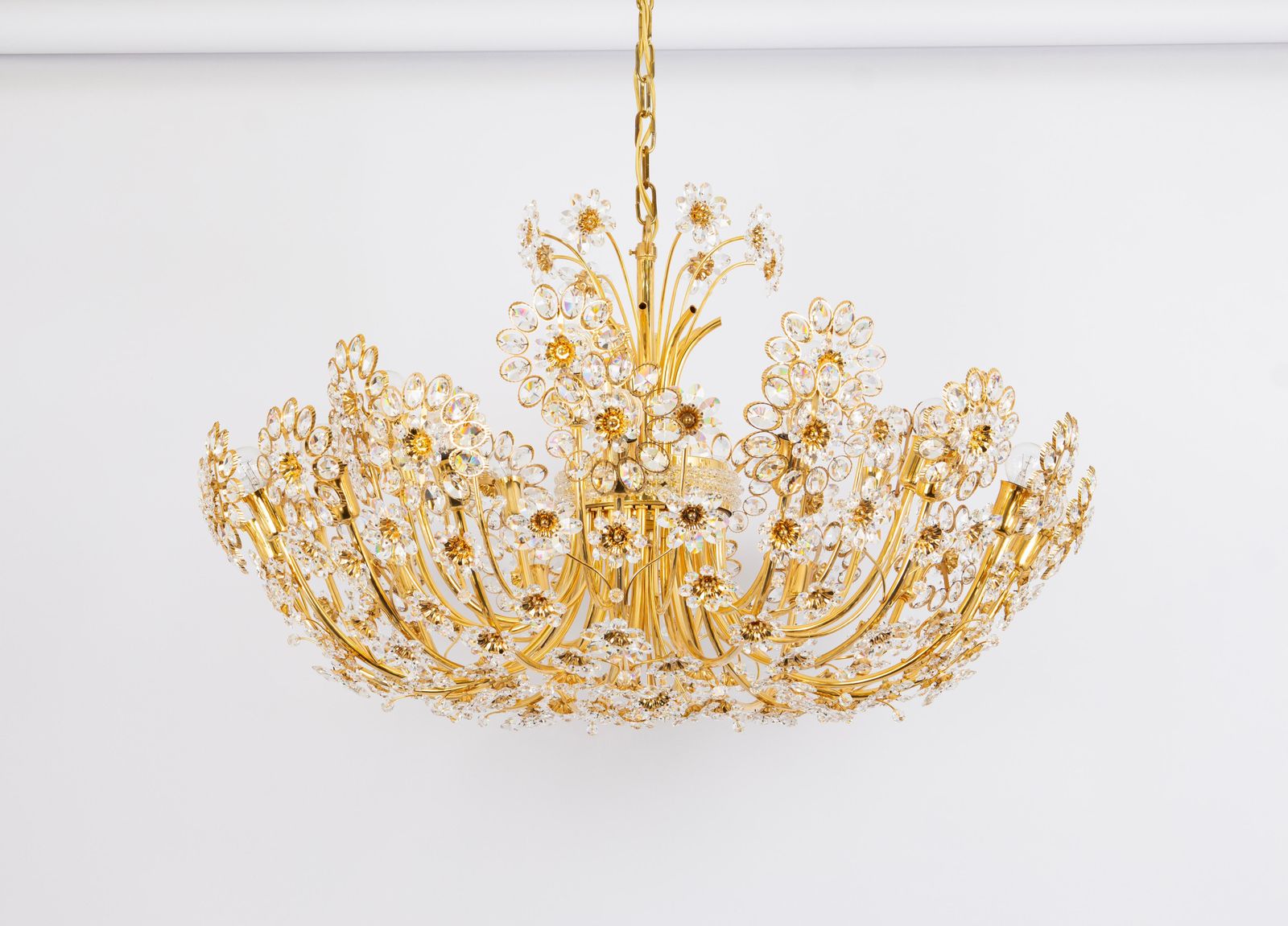 Huge Delicate Gilt Brass And Crystal Flower Chandelier By Palwa, Germany, 1970s photo Lighting