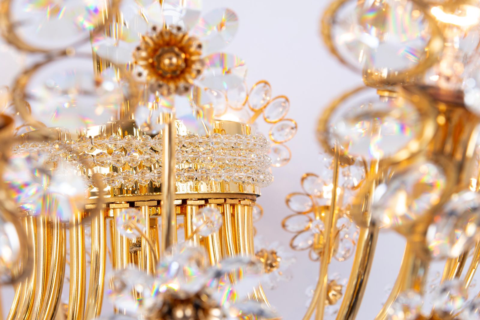 Huge Delicate Gilt Brass And Crystal Flower Chandelier By Palwa, Germany, 1970s photo vintage