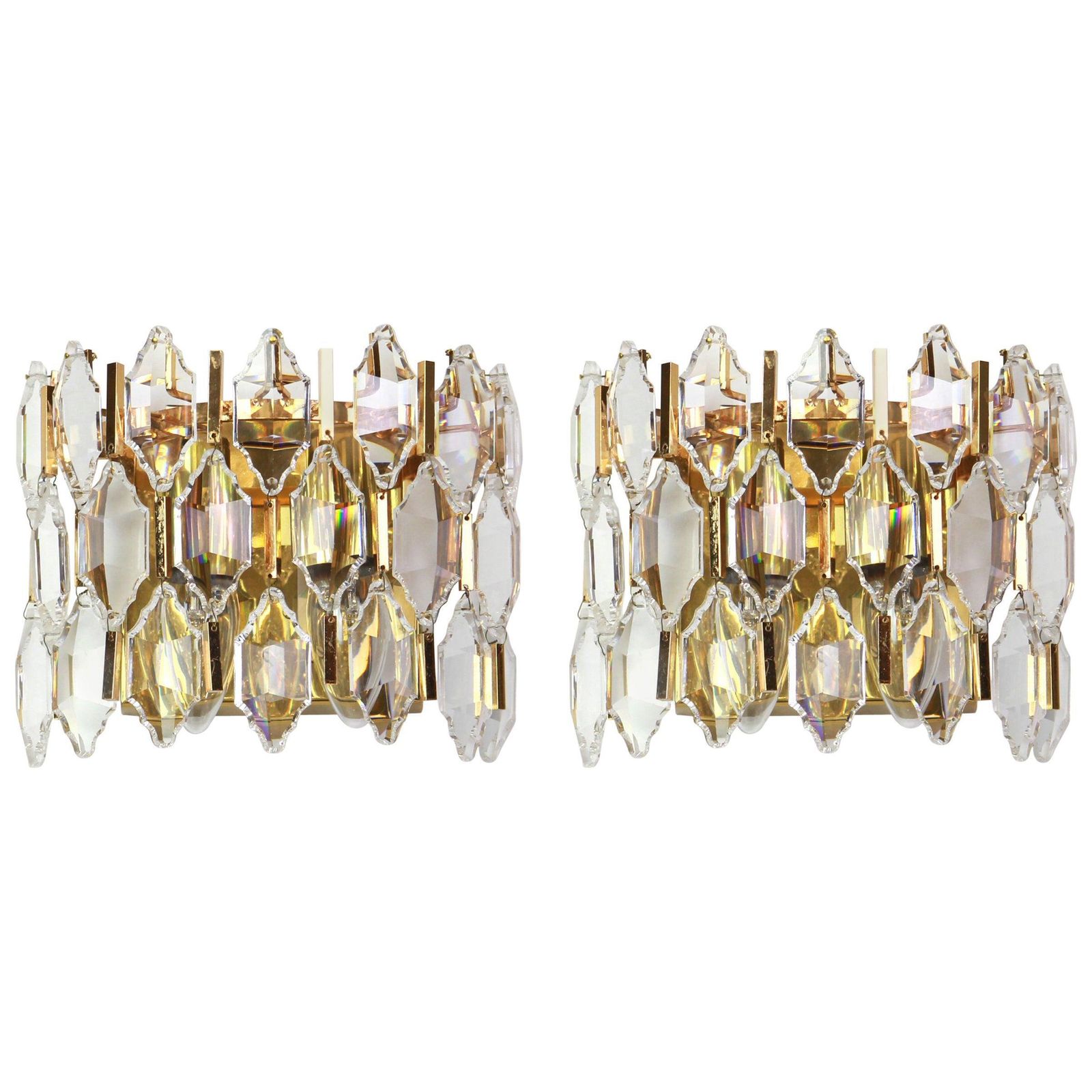 Pair Of Golden Gilded Brass And Crystal Sconces By Palwa, Germany, 1970s