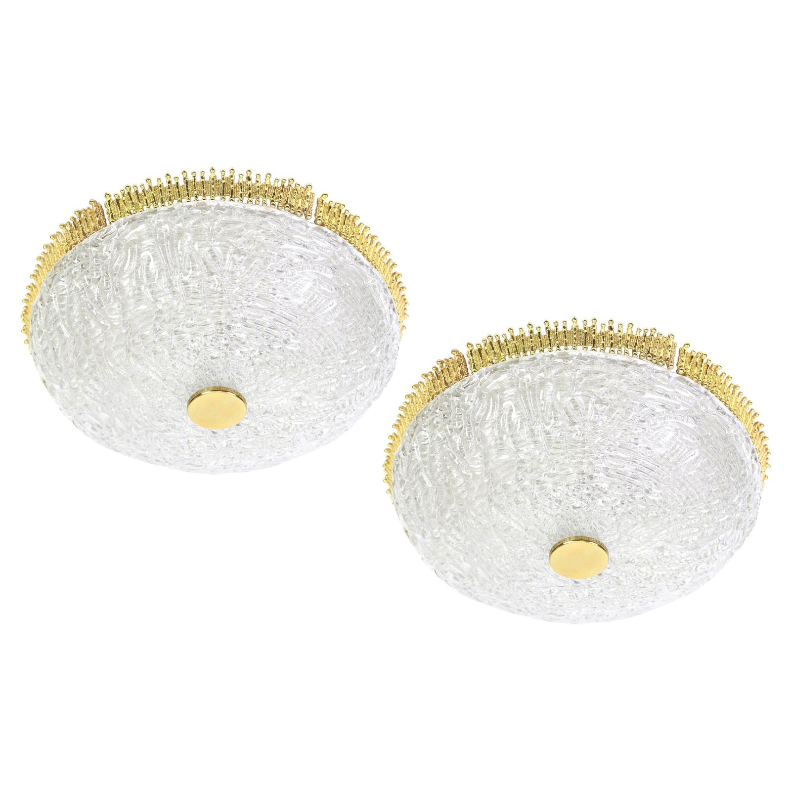 1 Of 2 Murano Flush Mount Fixture With Sculptural Brass Trim, Germany, 1970s