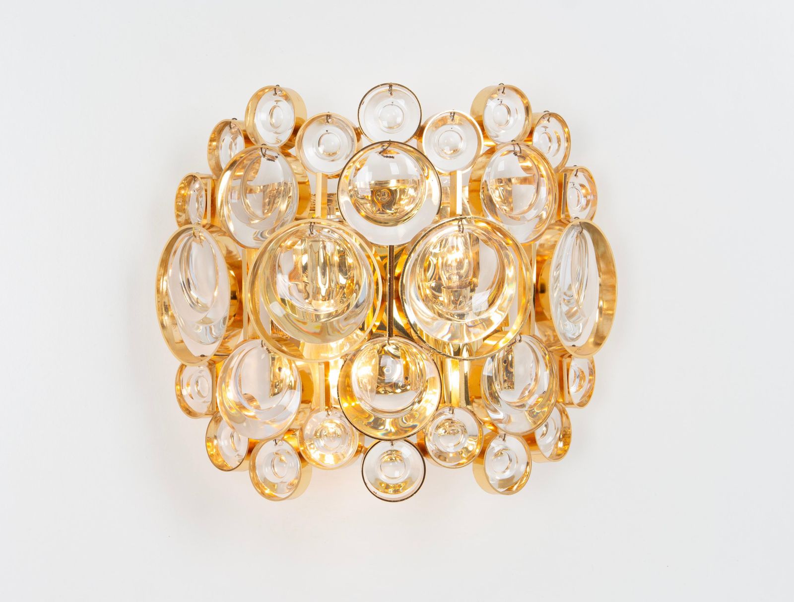 photo for sale Pair Of Golden Gilded Brass And Crystal Sconce By Palwa, Germany, Circa 1960s