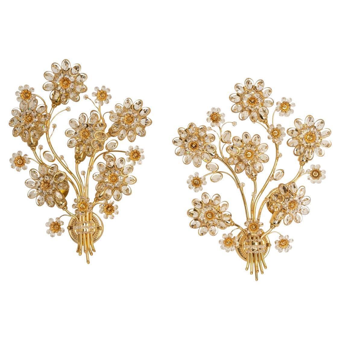 Pair Of Large Gilt Brass Flower Shape Wall Lights By Palwa, Germany, 1970s