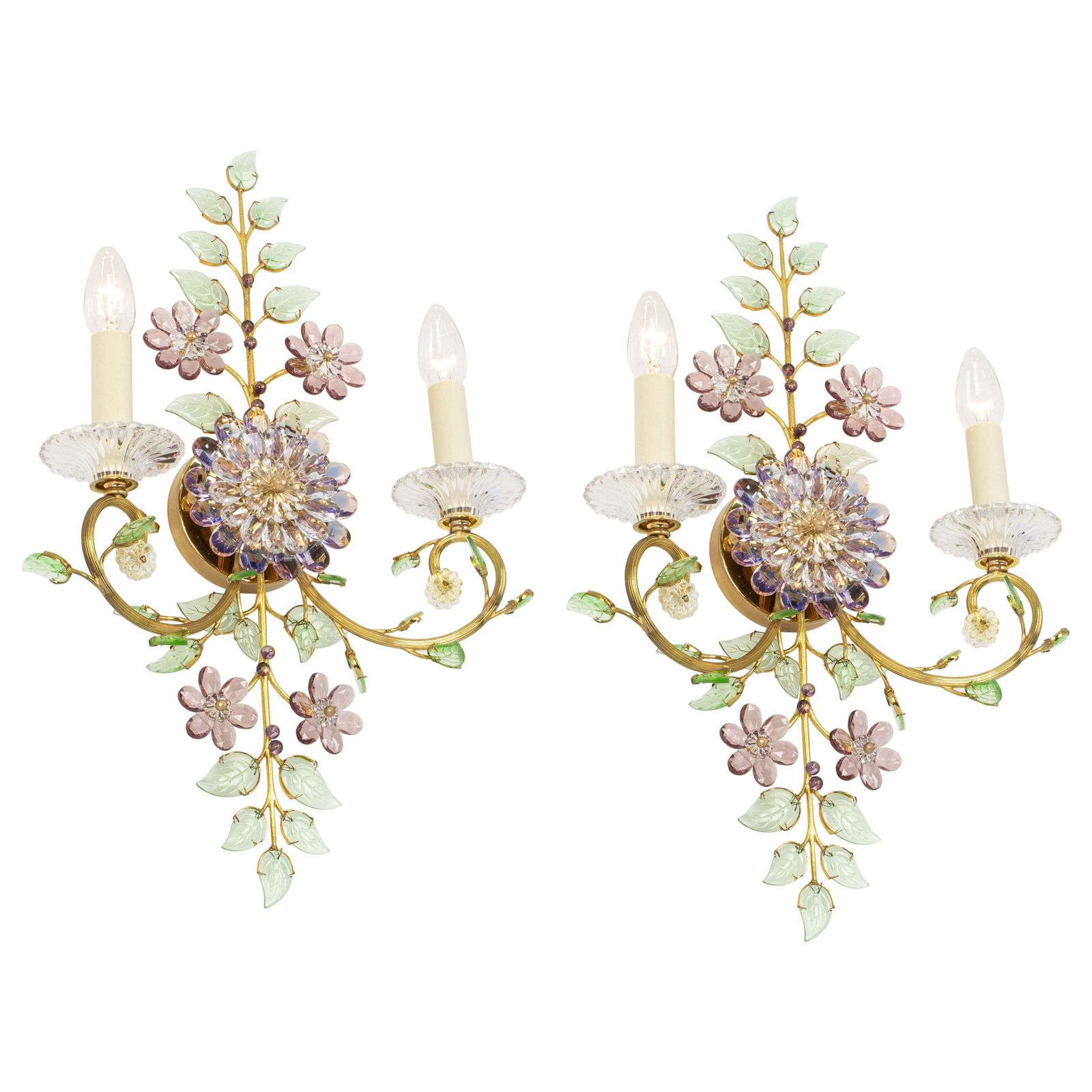 Large Gorgeous Flower Sconces Gilt Faceted Crystal Glass Bagues, Palwa, 1970s