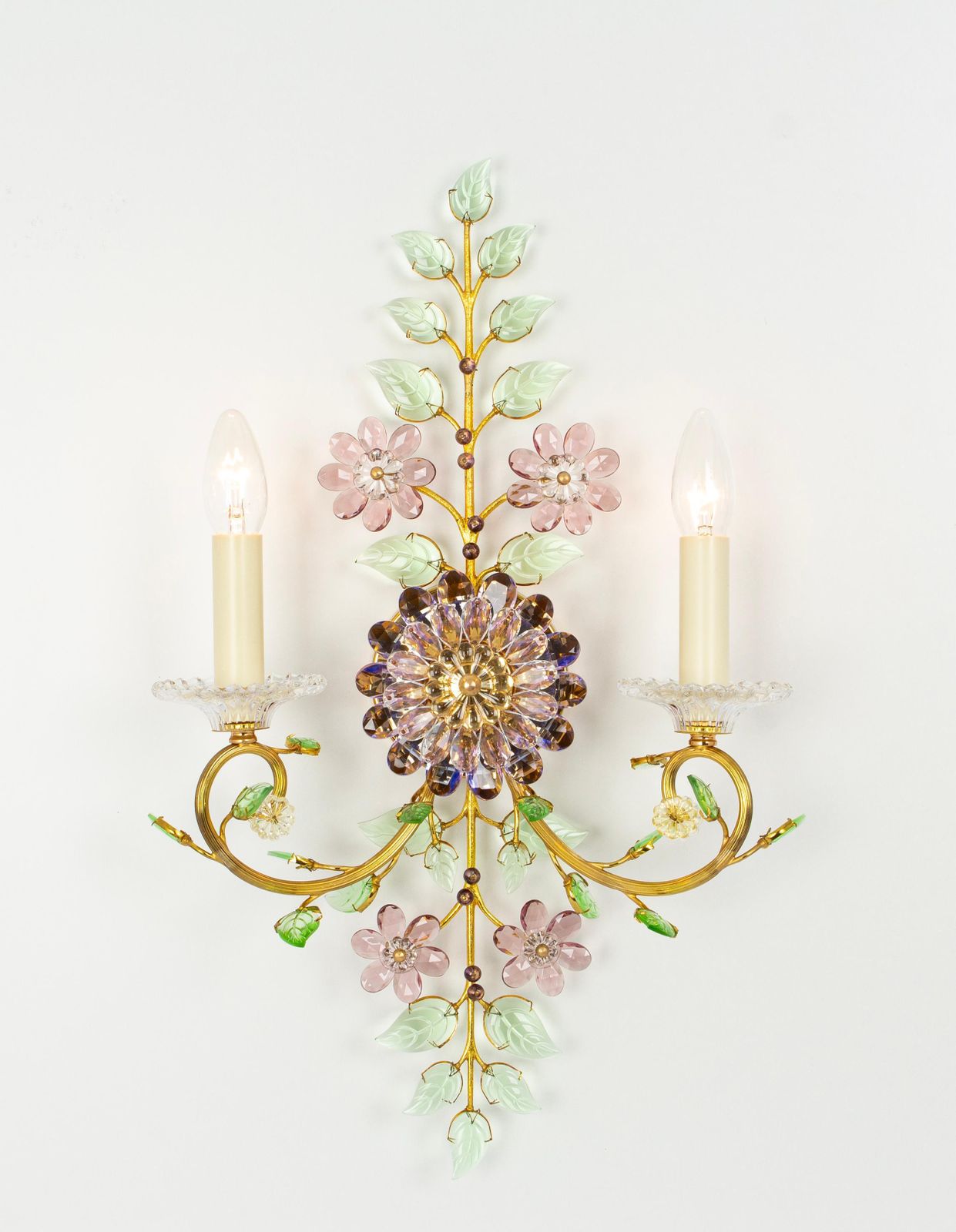 Large Gorgeous Flower Sconces Gilt Faceted Crystal Glass Bagues, Palwa, 1970s photo for sale