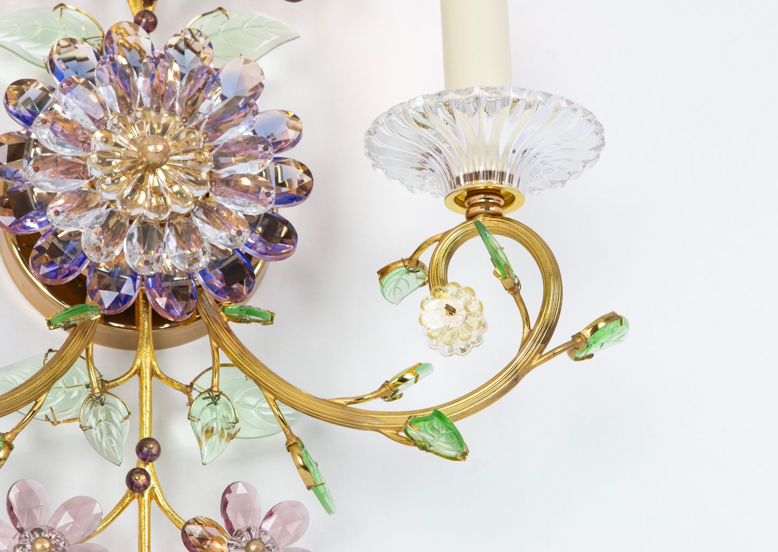 Large Gorgeous Flower Sconces Gilt Faceted Crystal Glass Bagues, Palwa, 1970s photo buy