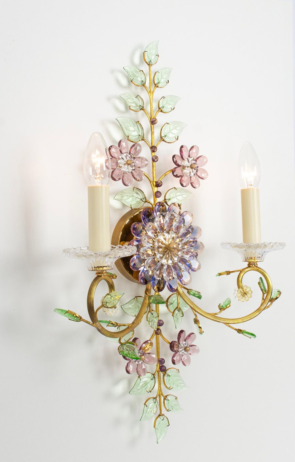 Lighting Large Gorgeous Flower Sconces Gilt Faceted Crystal Glass Bagues, Palwa, 1970s photo