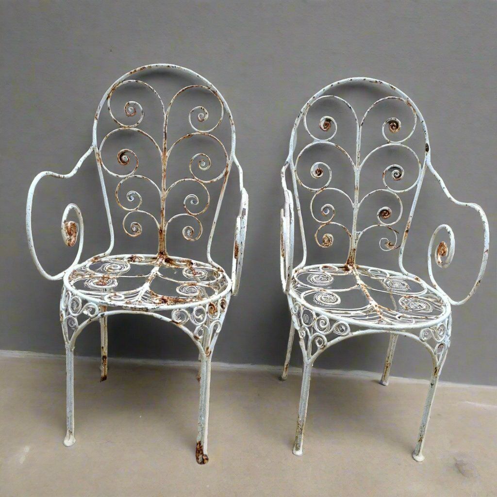 Pair Of Blacksmith Made Bent Iron Garden Chairs Circa 1900