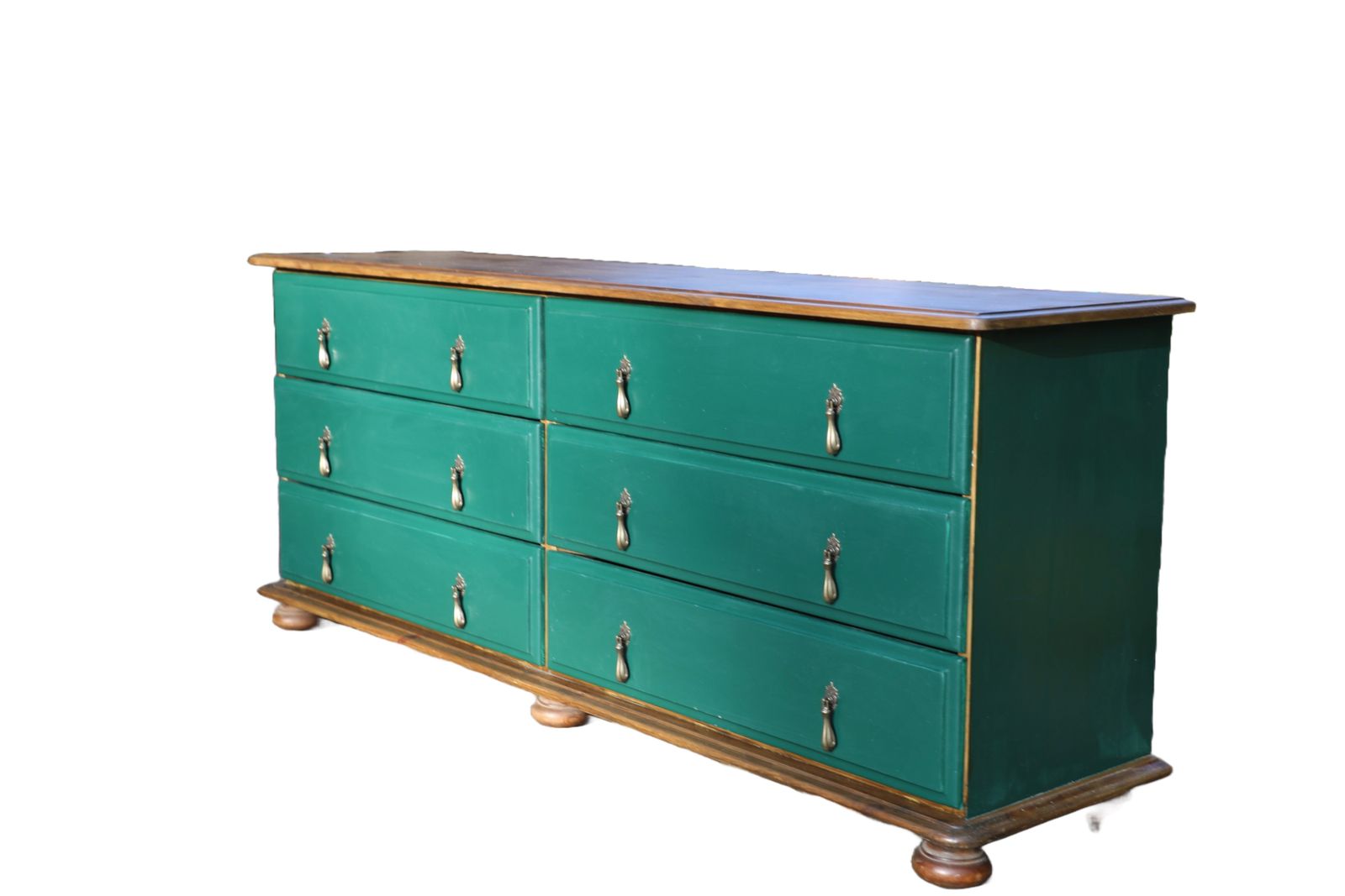 Solid Pine Chest Of Drawers | 6 Draws | Vintage Media Unit | Farmhouse Chest Of Drawers | Brass Style Handles | Forest Green |