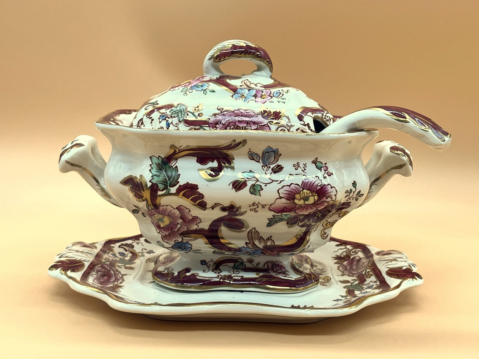 Masons Ironstone Mandalay Red Design Sauce Tureen With Lid, Stand And Ladle Boxed. photo for sale
