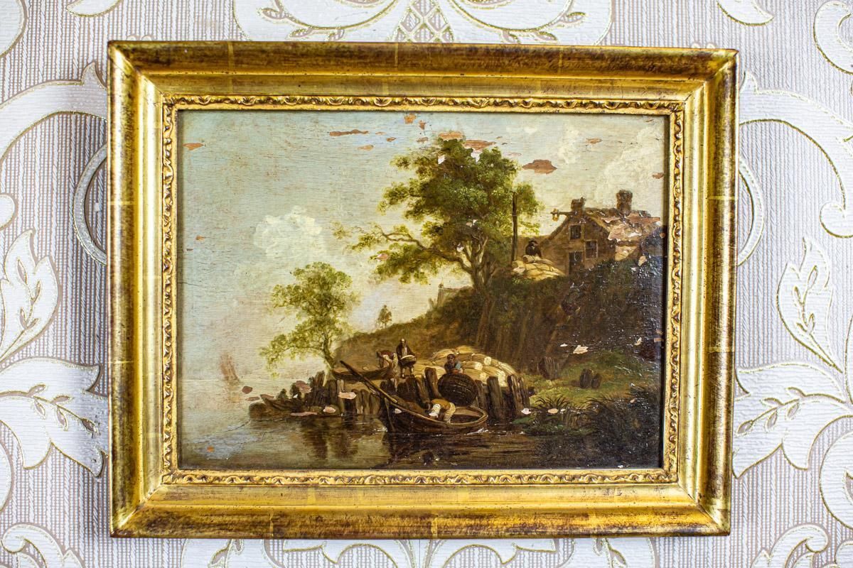 19th Century Framed Oil Painting On Hardboard Depicting Genre Scene photo furniture