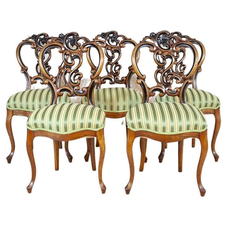 Set Of Five Walnut Chairs From The Late 19th Century In Light Green Upholstery