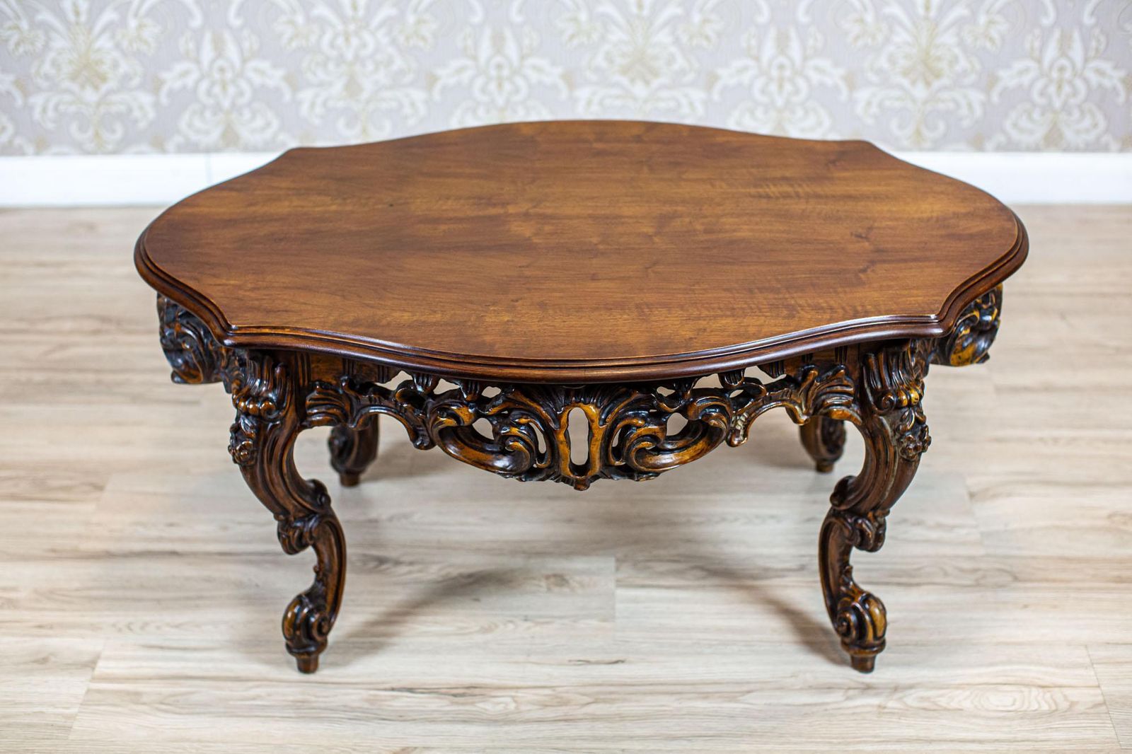 Decorative Brown Coffee Table From The Mid 20th Century With Carved Apron photo Furniture