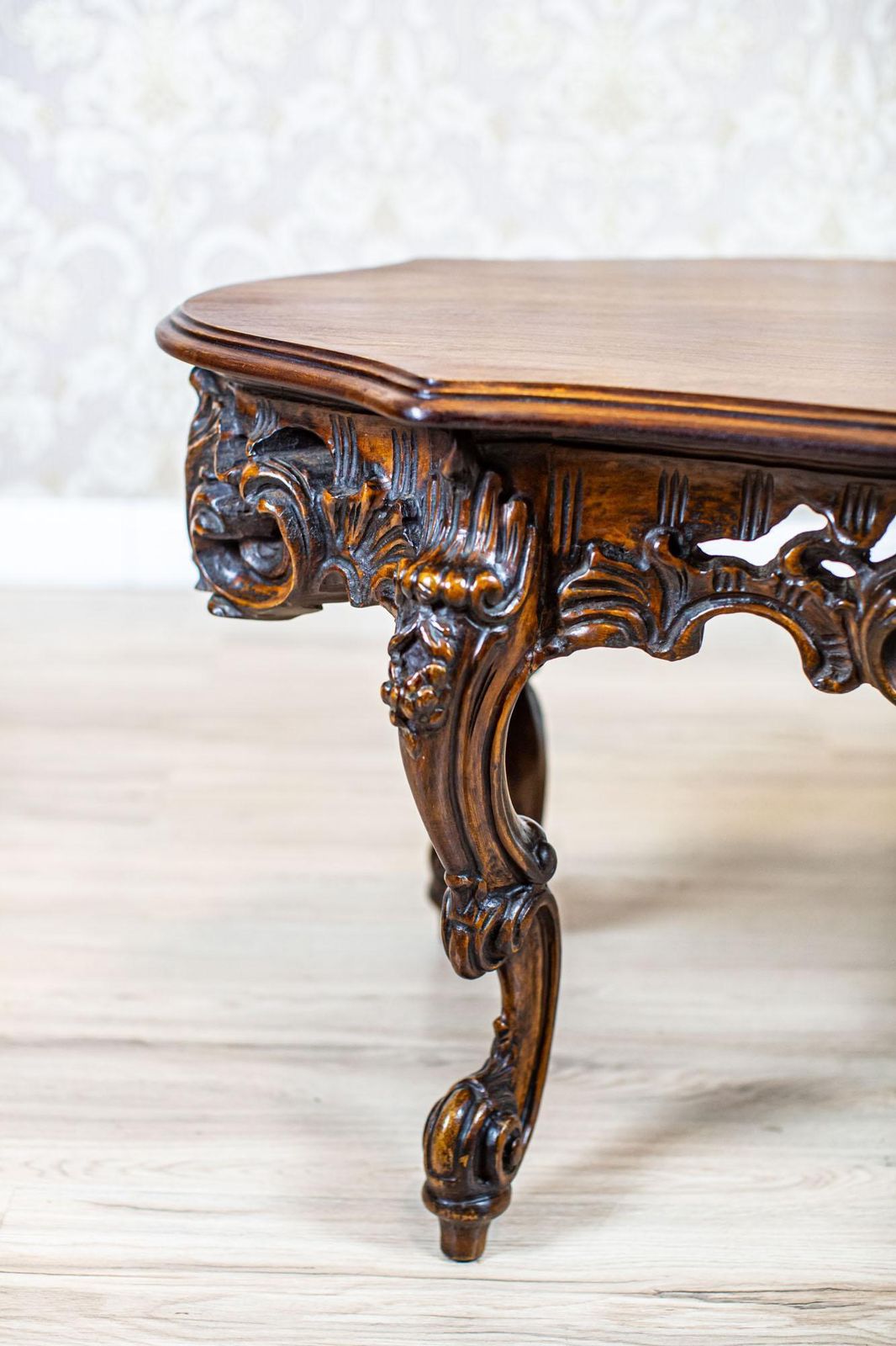 Decorative Brown Coffee Table From The Mid 20th Century With Carved Apron photo vinterior